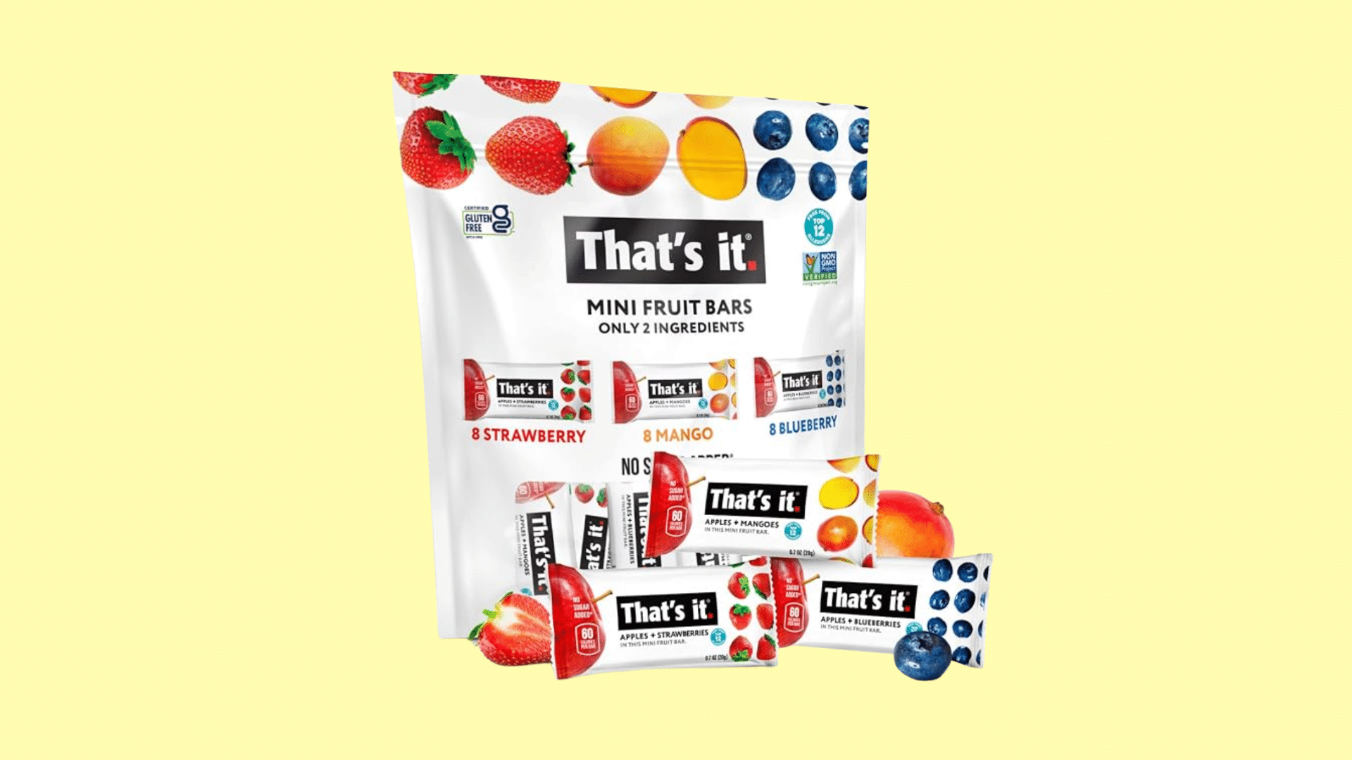 thats it mini fruit bars variety pack with strawberry mango and blueberry flavors displayed with snack bars