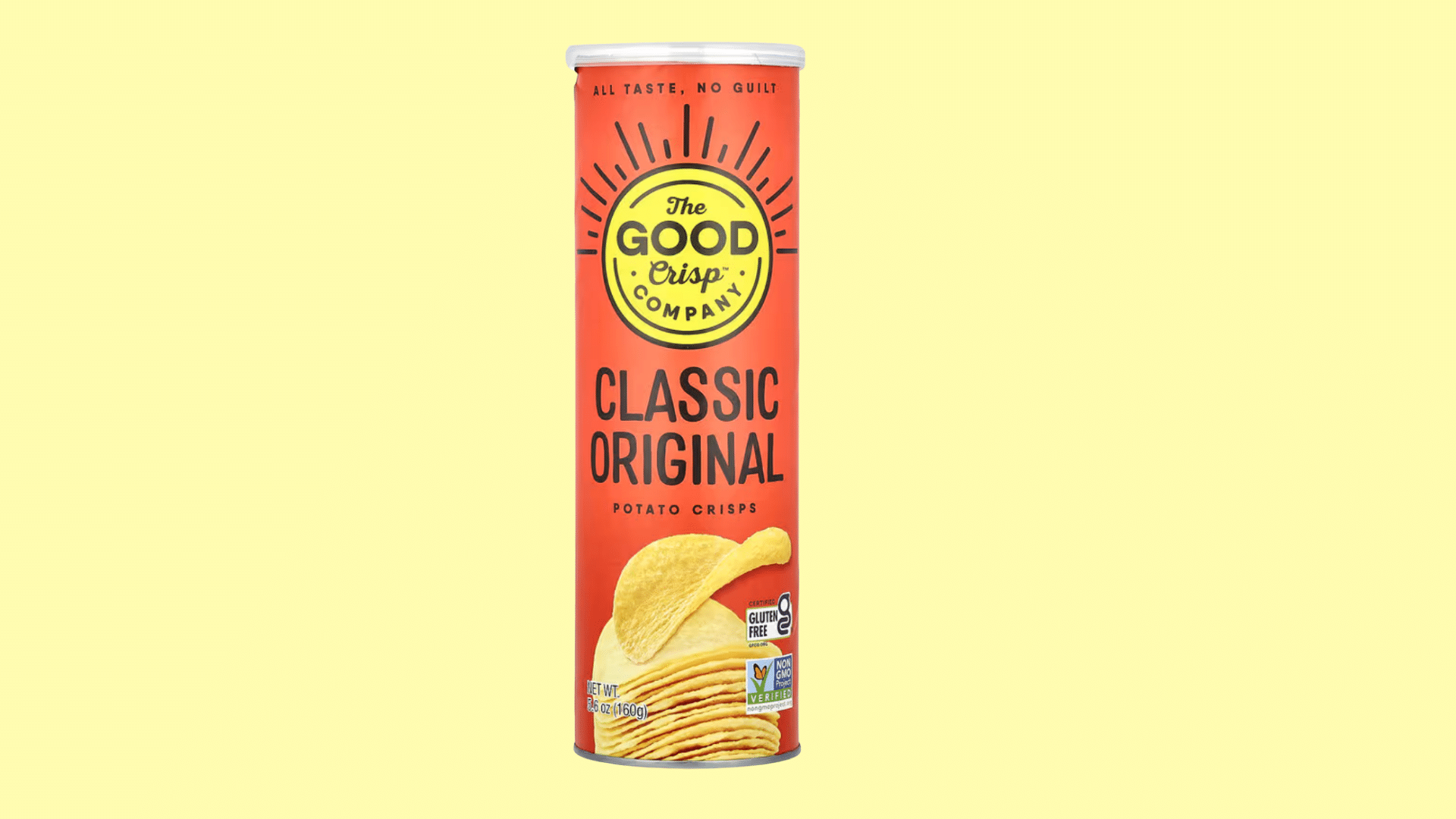 the good crisp company classic original potato crisps canister with stacked potato crisps on the front