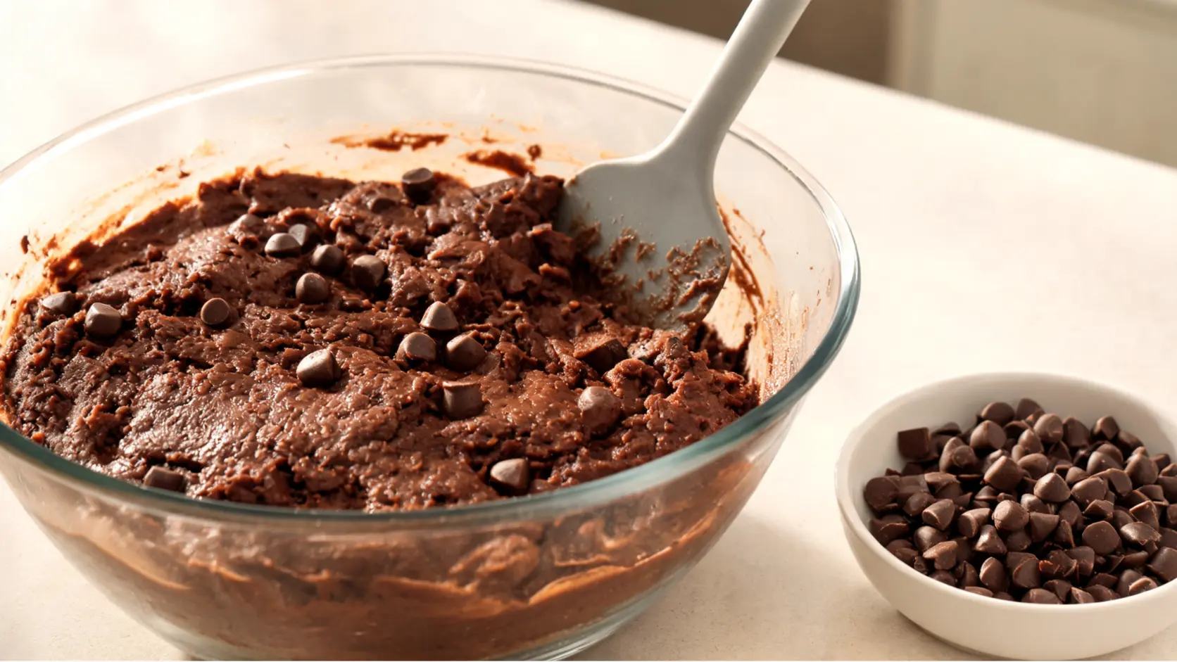 thick paleo brownies batter with dark chocolate chips folded in, ready to spread into the baking pan