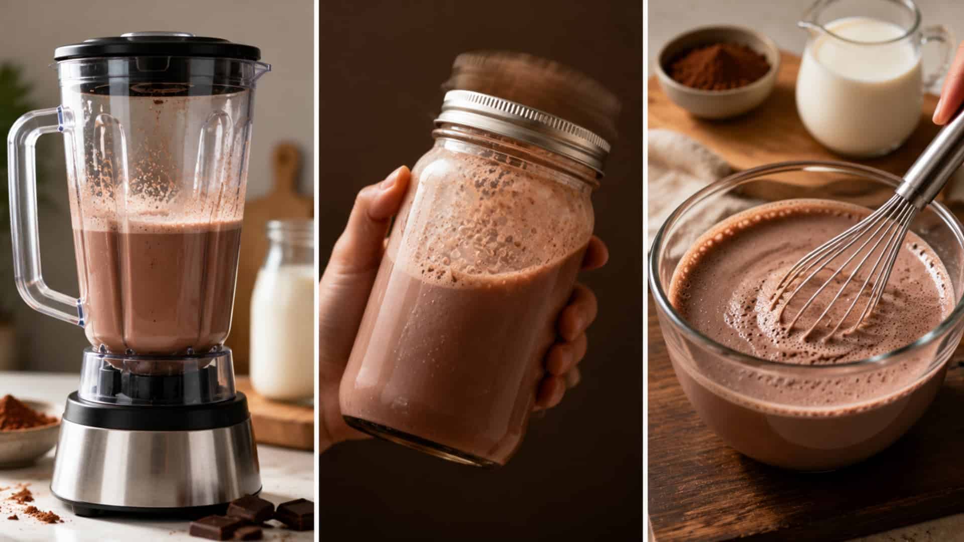 three ways to make chocolate milk shown in collage including blender jar shake and whisk methods