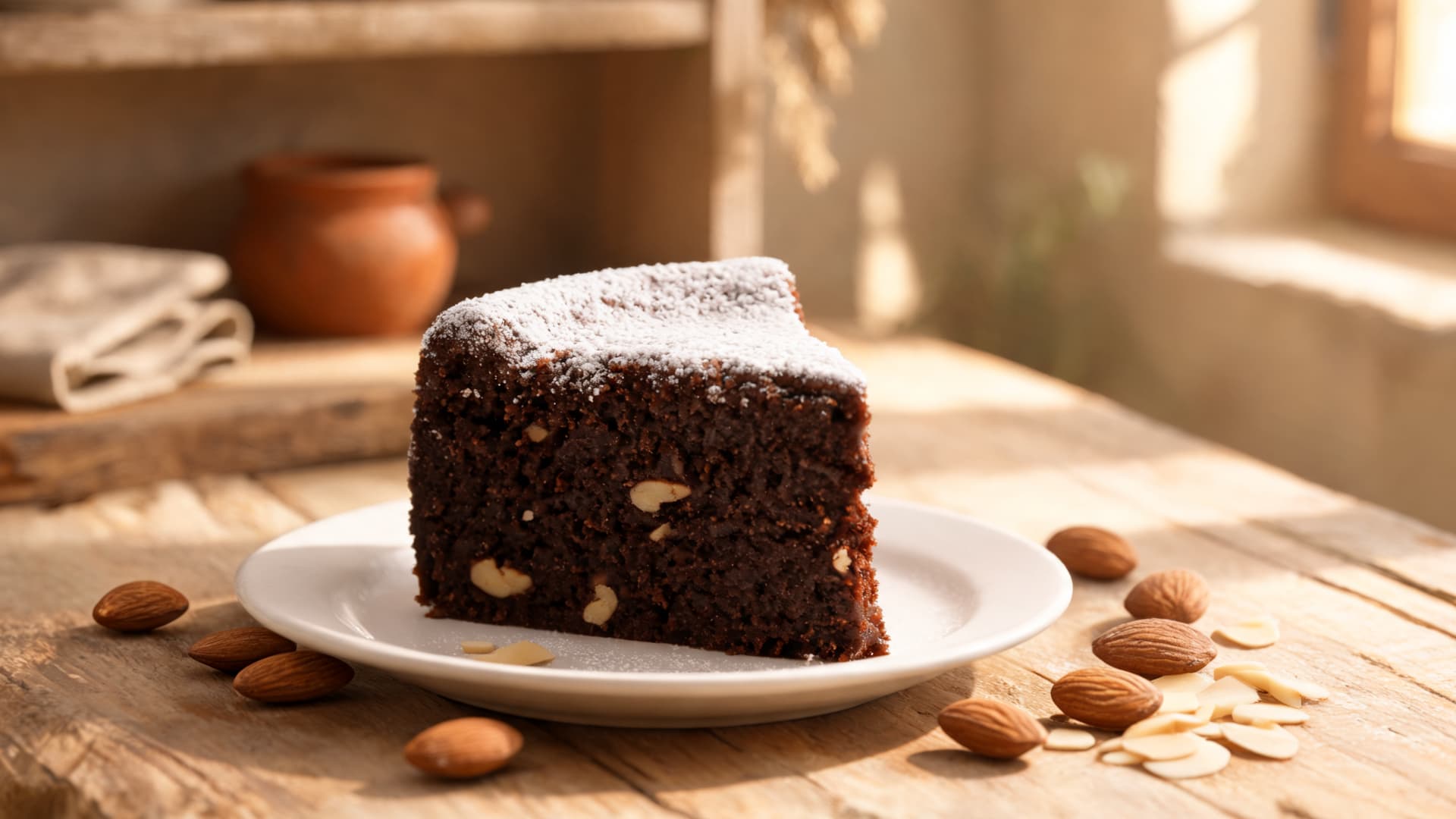 torta caprese chocolate almond cake slice with powdered sugar rustic italian kitchen warm homemade feel