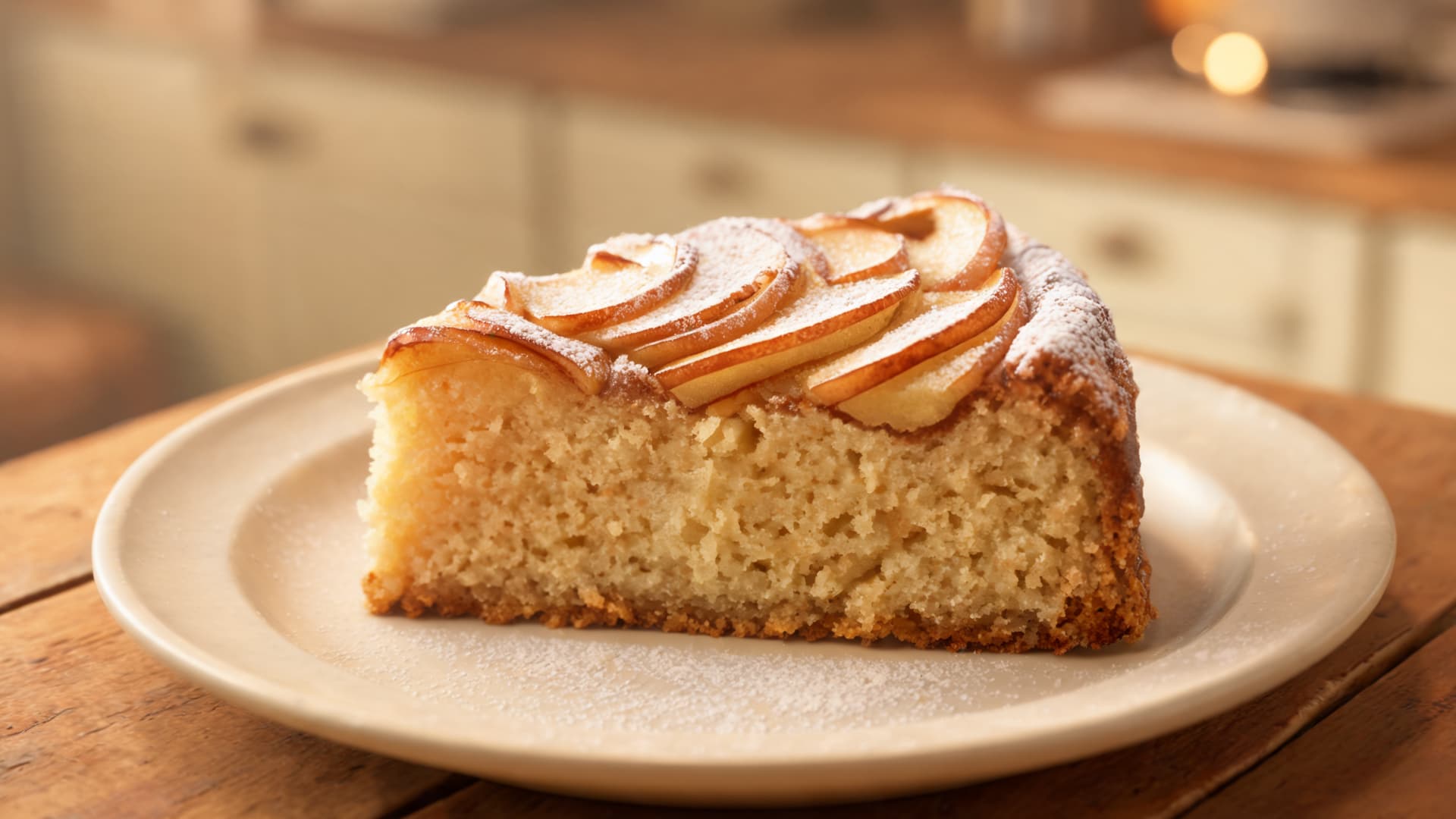 torta di mele apple cake slice with baked apple topping soft crumb texture cozy kitchen table lighting (1)