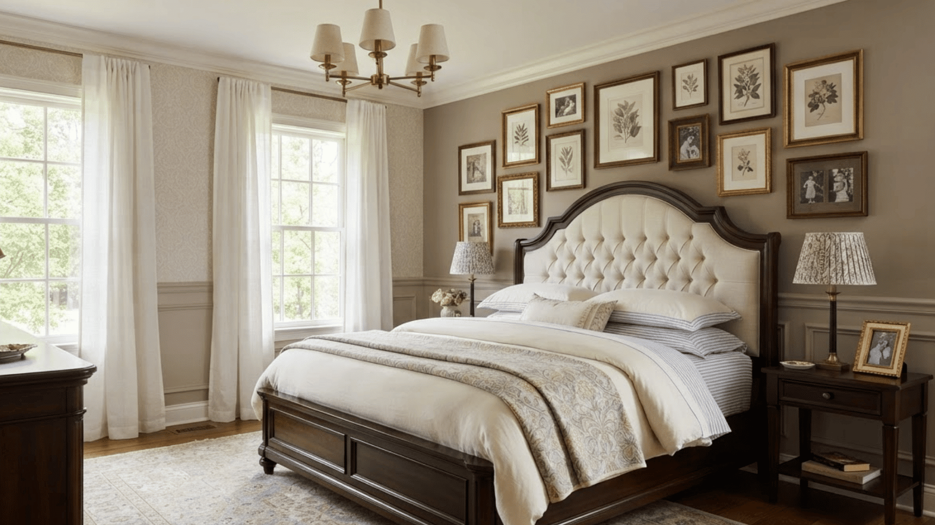traditional bedroom with a tufted headboard framed by dark wooden trim beneath a gallery wall of framed botanical artwork