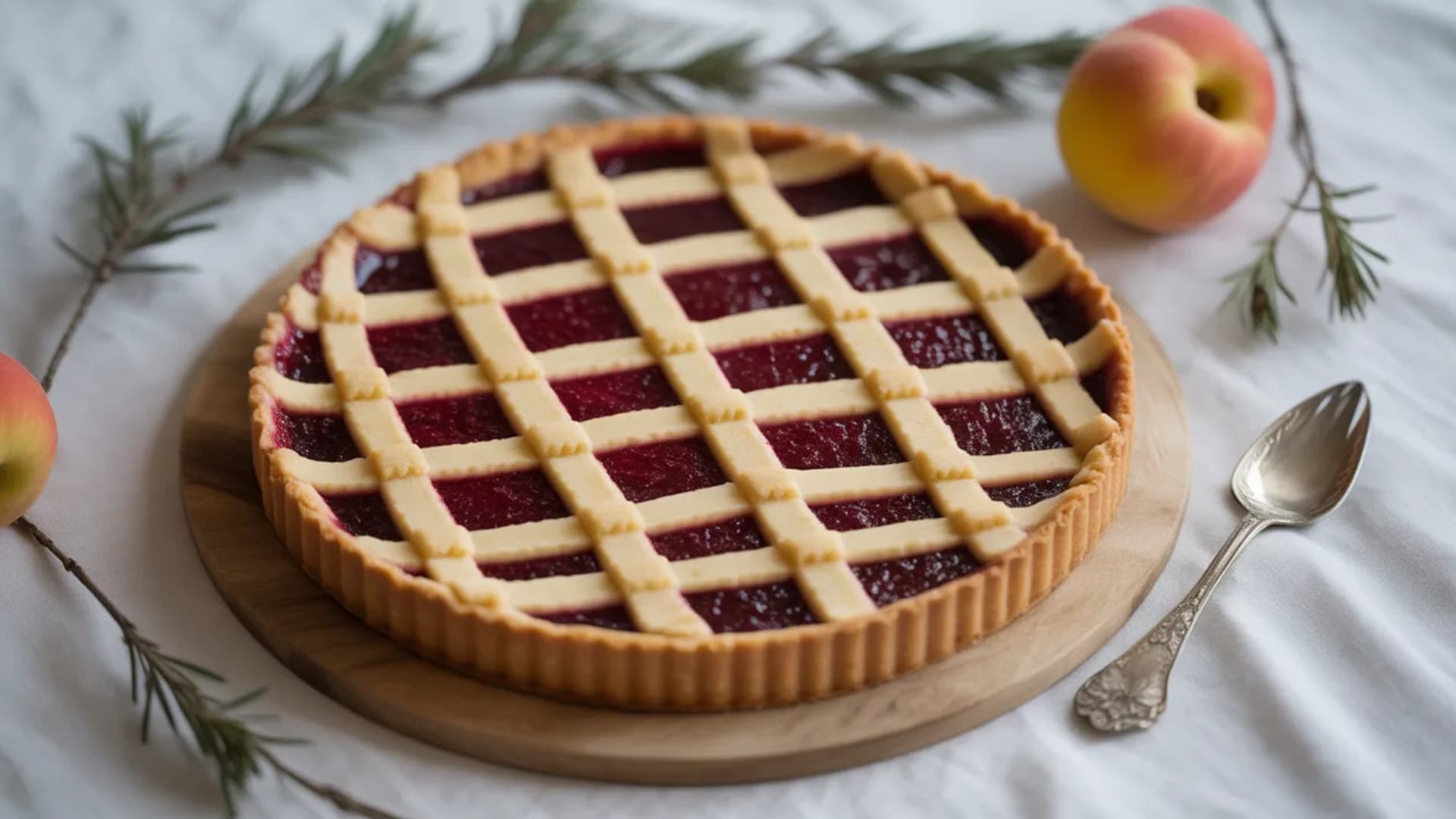 traditional italian jam tart with lattice crust filled with berry jam served on wooden board