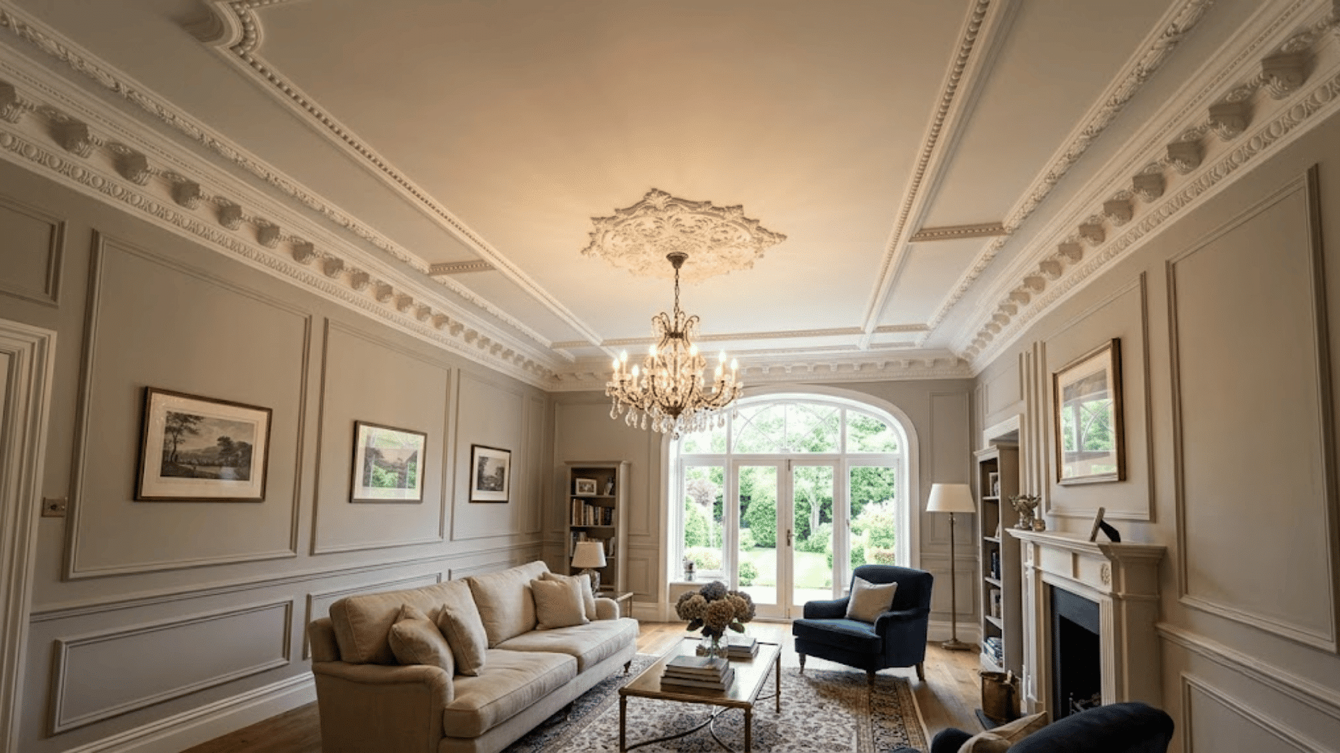 traditional living room with decorative ceiling molding crystal chandelier elegant fireplace large window and comfortable seating