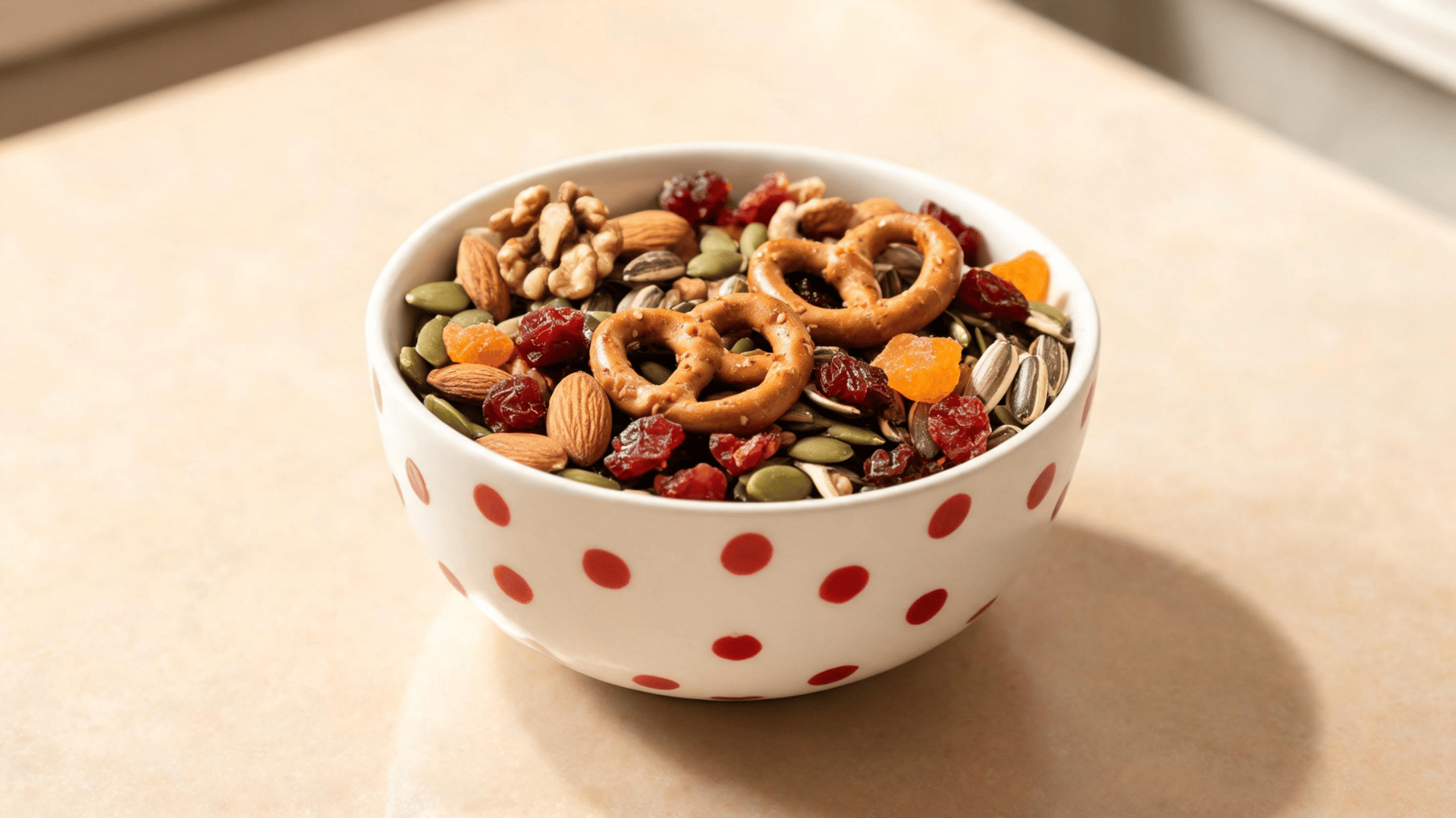 trail mix with pretzels almonds walnuts seeds dried cranberries and apricots in a polka dot bowl