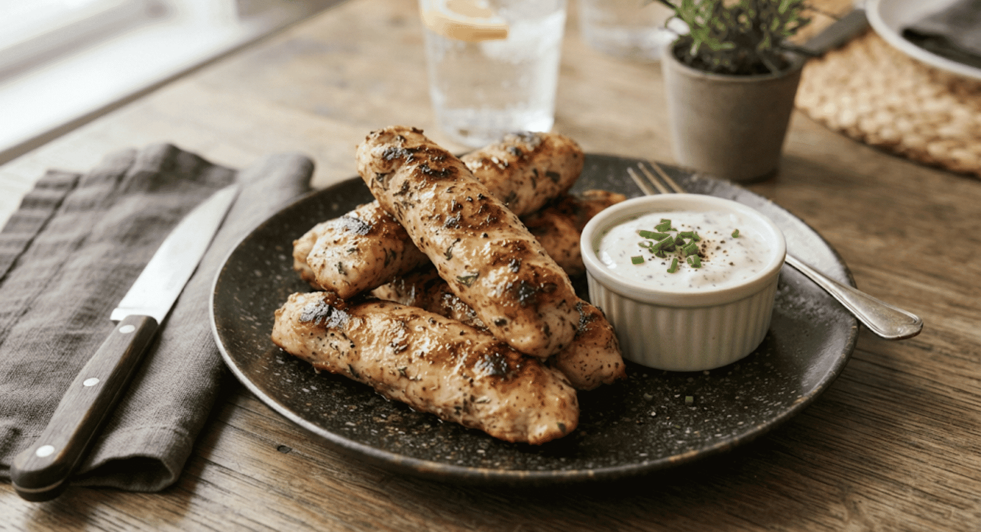 turkey sticks served on a plate with creamy dipping sauce for a high protein low calorie snack (2).png