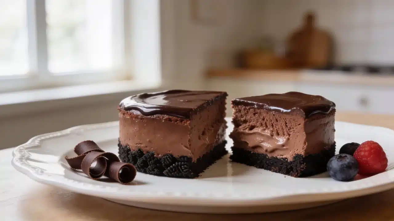 two chocolate mousse cheesecake slices on a plate