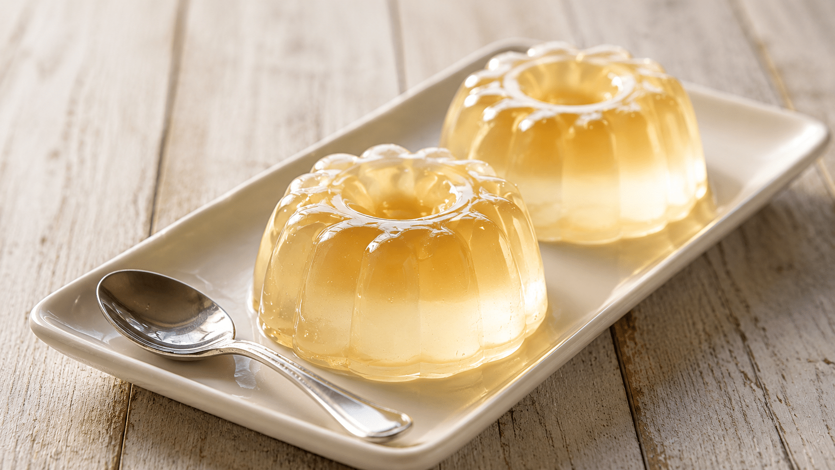 two clear gelatin desserts with a creamy white layer served on a rectangular plate beside a spoon on a rustic wooden table