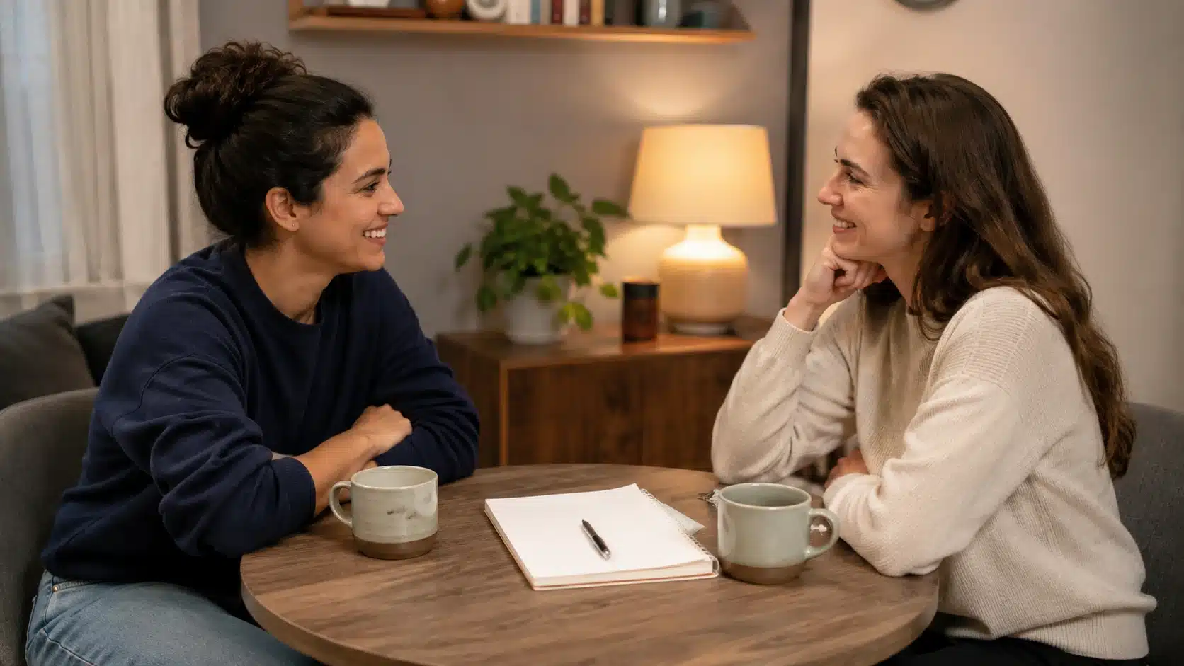 two person at coffee table and a blank notepad showing honest feedback as part of how to work on yourself
