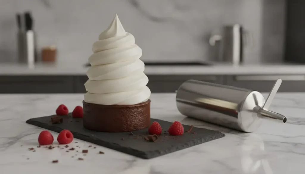Chocolate dessert with swirled whipped cream topping on slate board with raspberries in modern kitchen