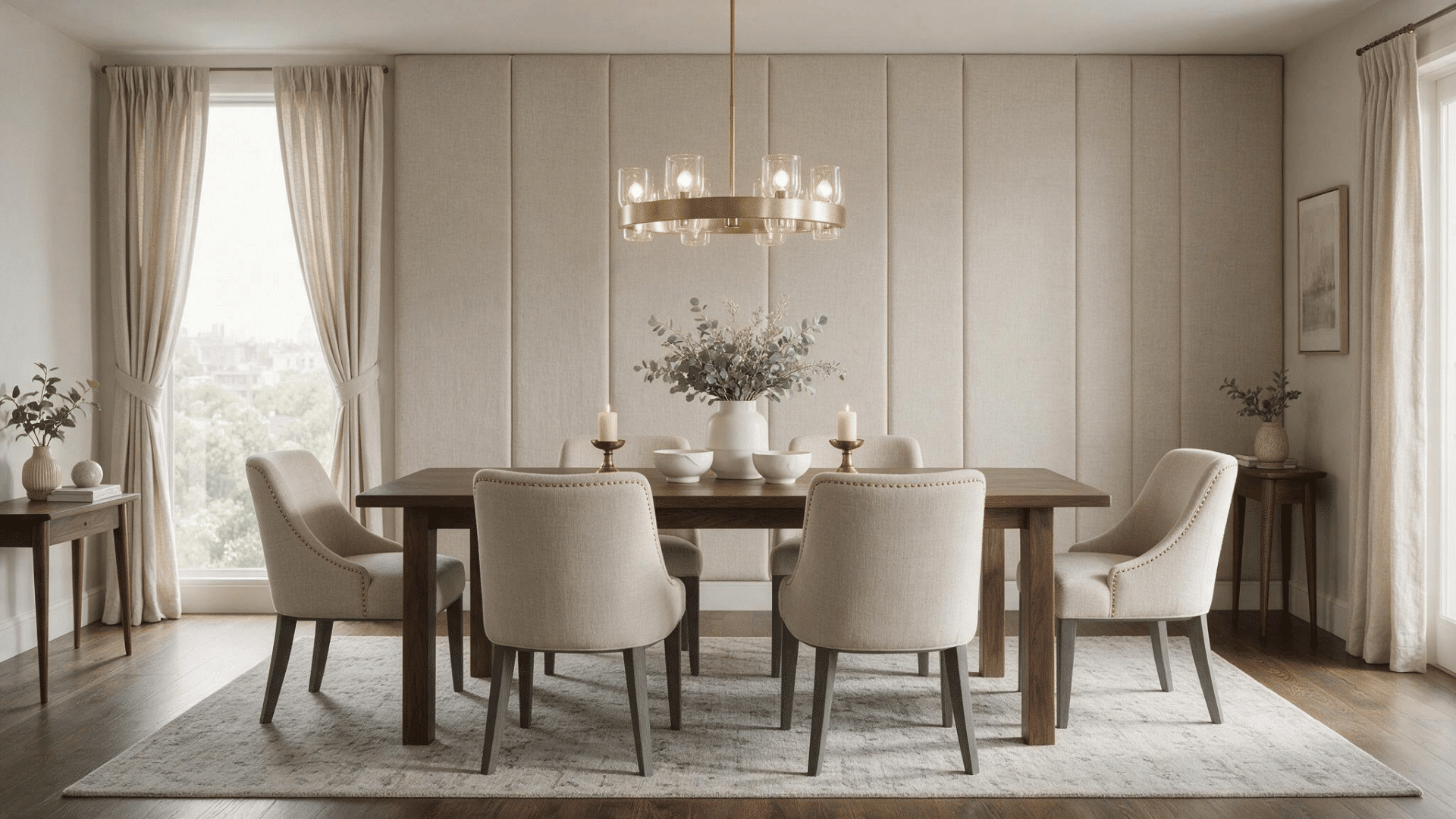 vertical upholstered wall panels creating a soft elegant accent wall behind a modern dining table with warm pendant lighting