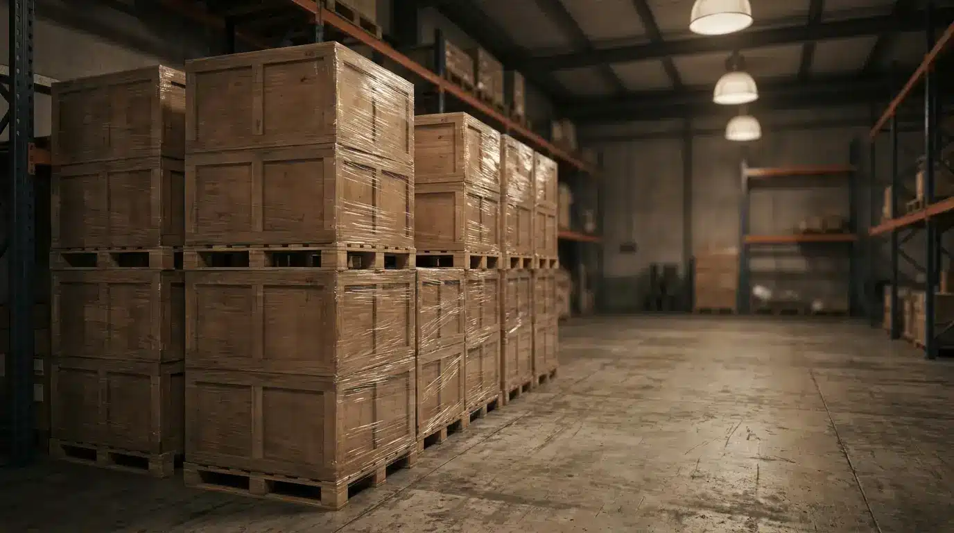 Wooden crates stacked on pallets in spacious industrial warehouse with overhead lighting
