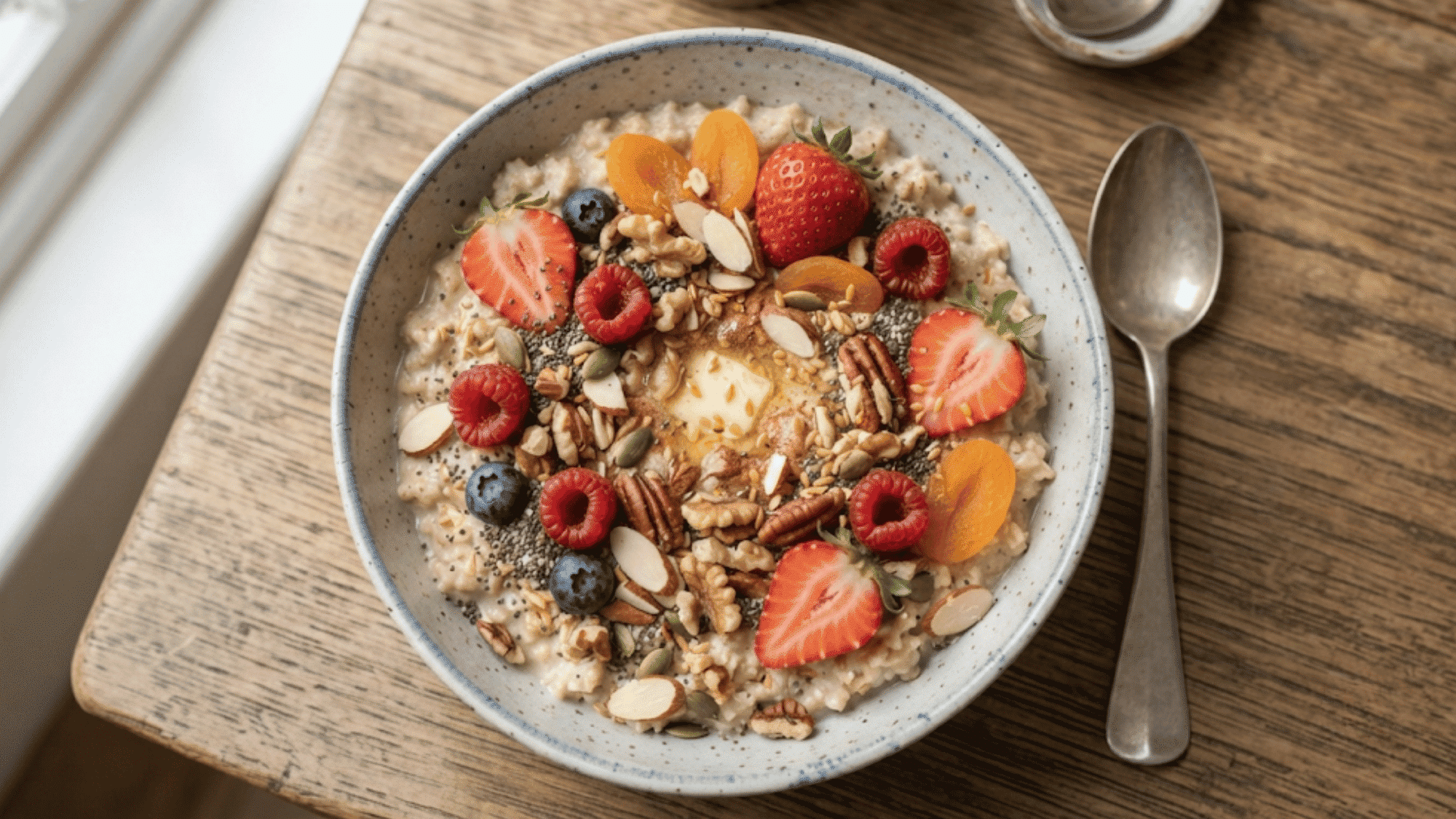 warm bowl of oatmeal with fruits and toppings placed on a table showing a nutritious breakfast meal choice (2)