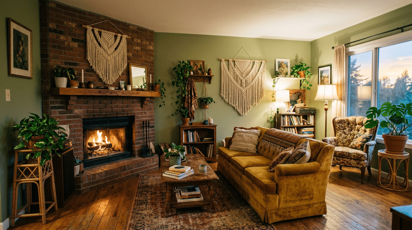 warm living room with a brick fireplace mustard sofa macrame wall hangings plants and soft evening light by large windows