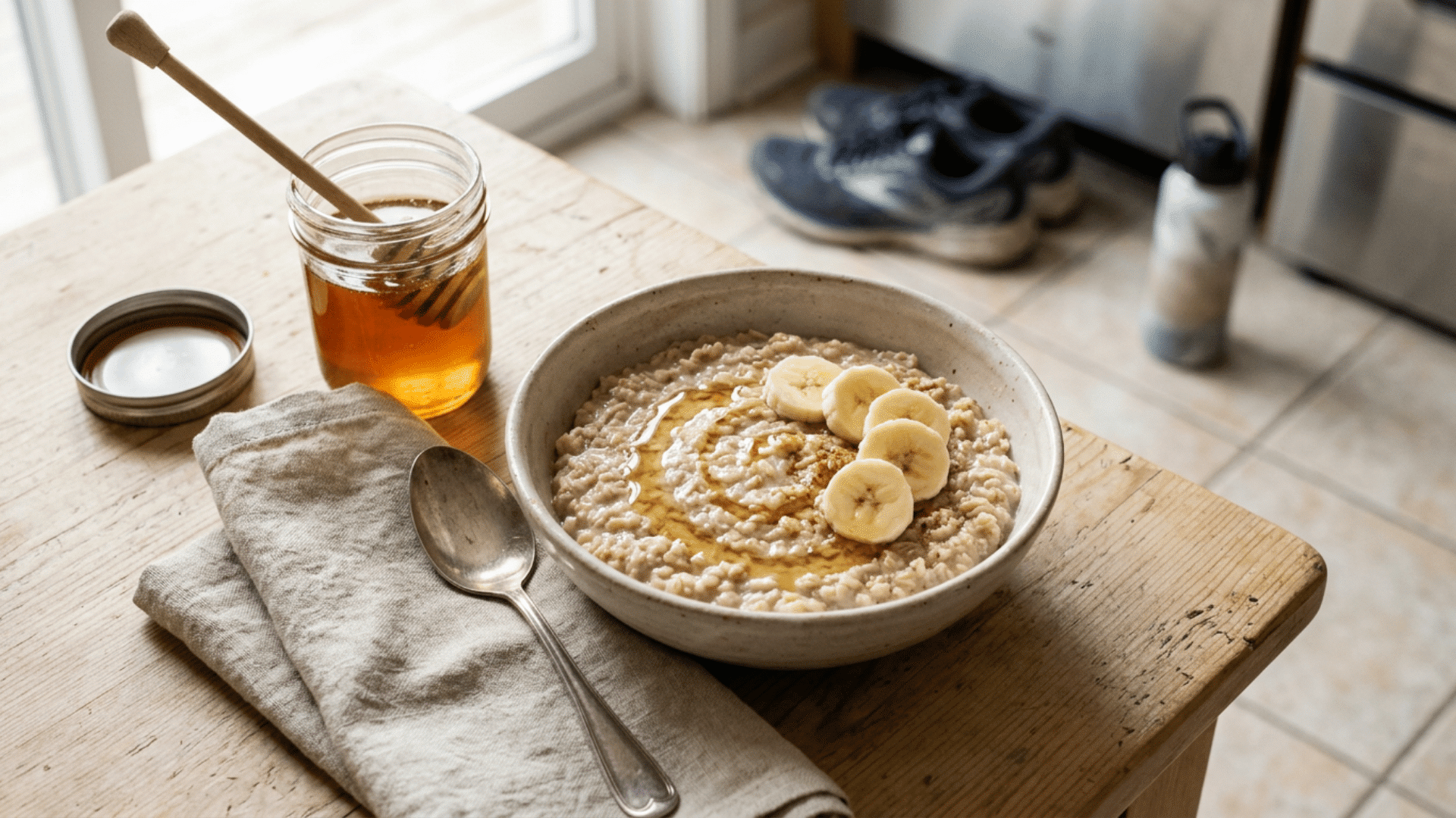 warm oatmeal with honey and banana served as a nourishing snack before a morning endurance workout
