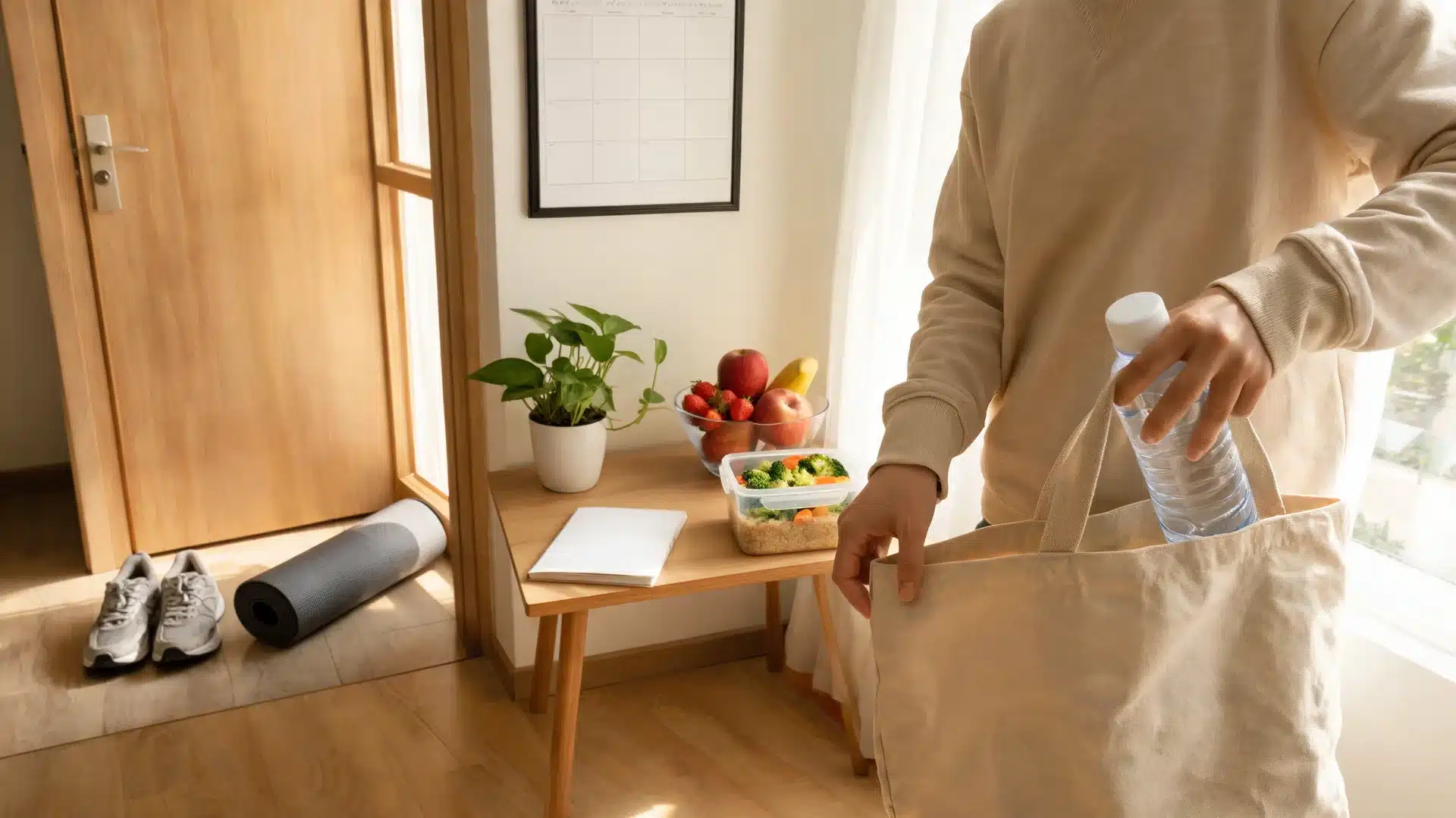 wellness routine with walking shoes water fruit journal meal prep and daily habits built over time