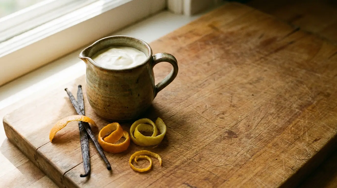 Ceramic pitcher with creamy liquid beside vanilla pods and orange peels on wooden surface