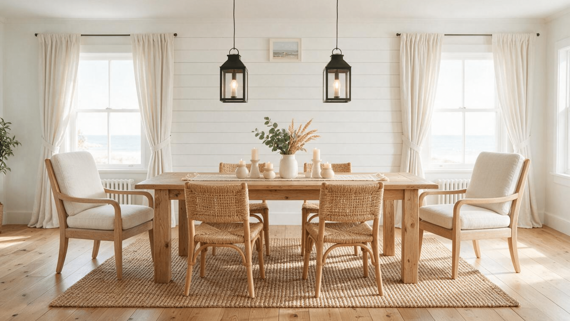 white shiplap dining room accent wall with natural wood table woven chairs and black pendant lighting
