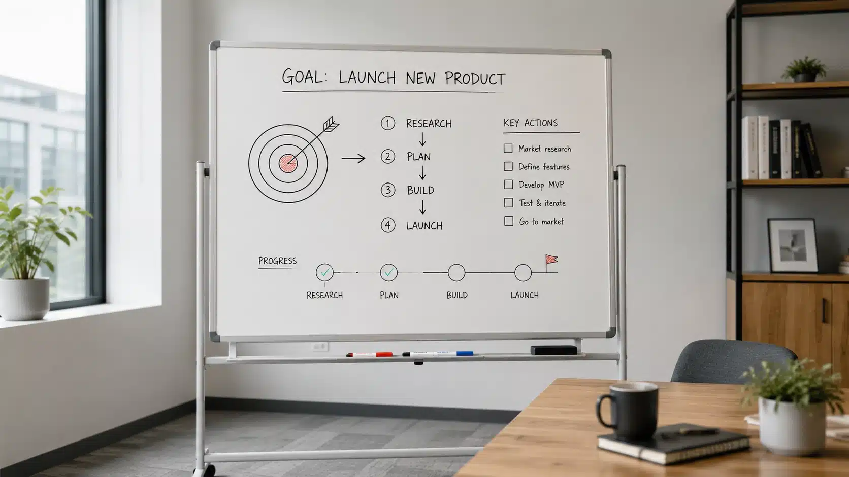 whiteboard goal plan in office showing how to work on yourself with one clear action and timeline