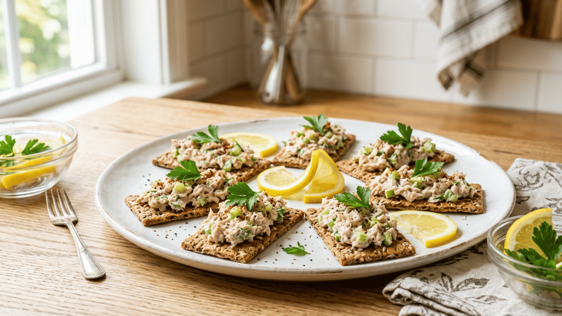 whole grain crackers topped with tuna salad, parsley garnish and lemon slices on a white plate, bright kitchen daylight, ultra realistic food photography