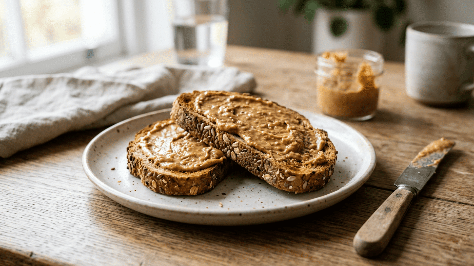 whole grain toast with peanut butter served as a filling pre workout snack on a ceramic plate