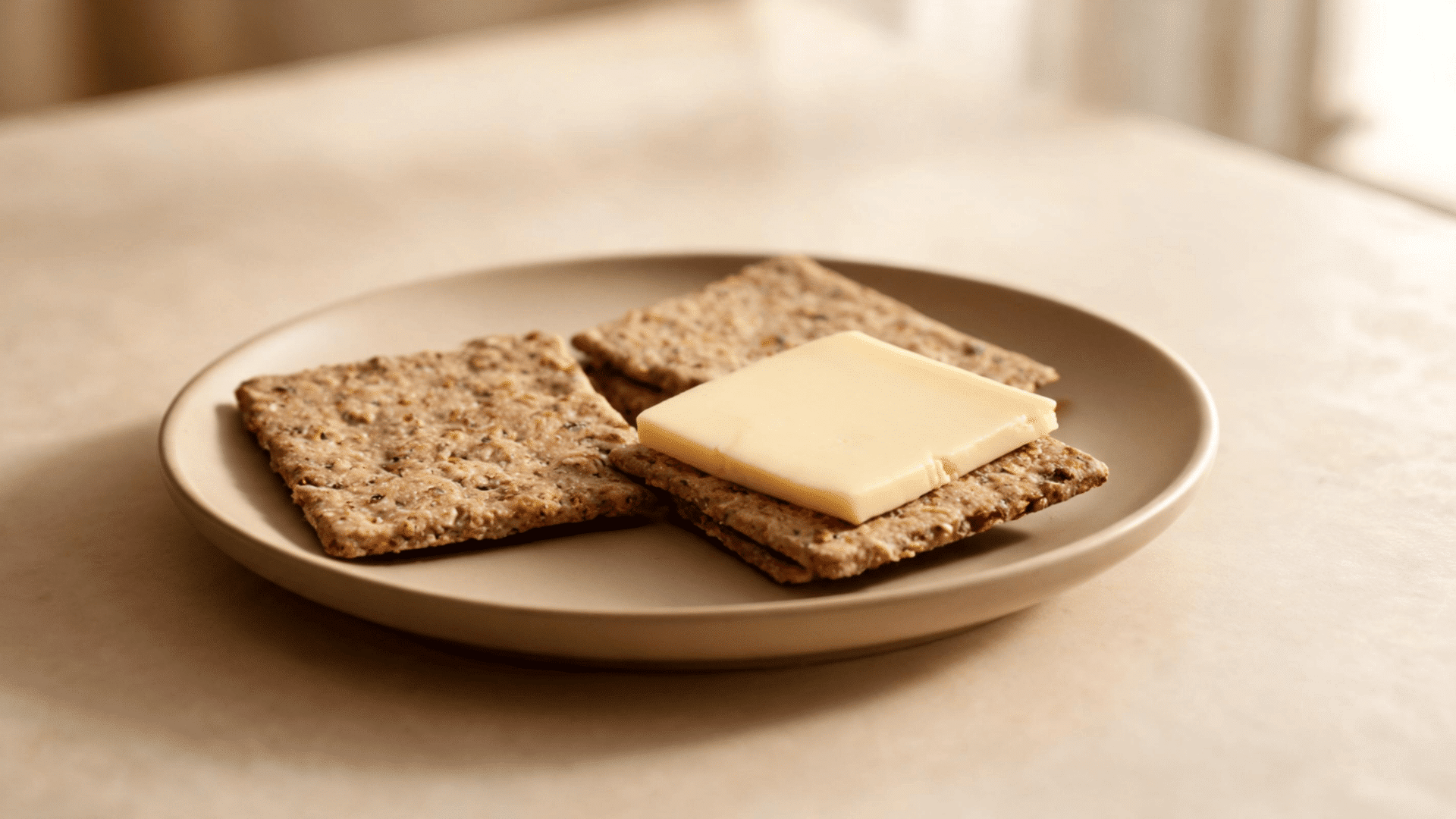 Whole grain crackers topped with sliced cheese on a beige plate in warm natural light