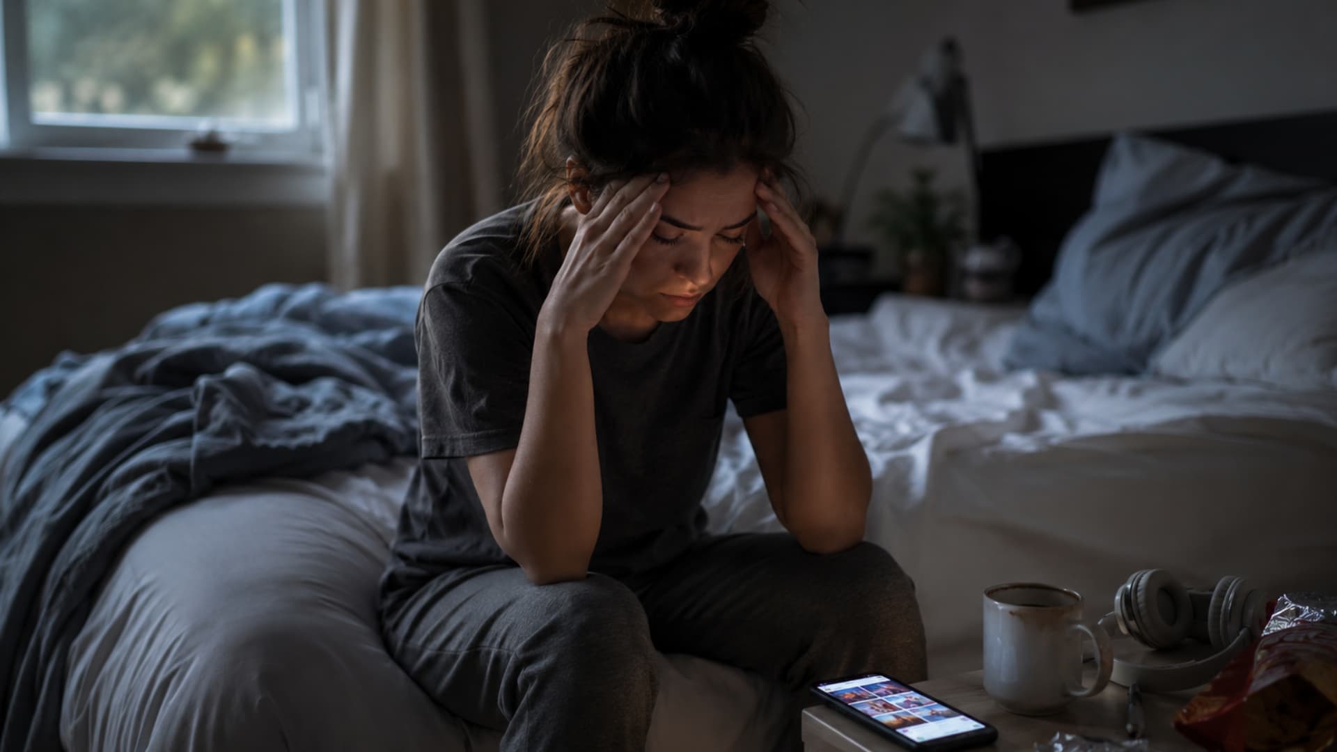 woman feeling stressed sitting on bed holding head with phone and coffee in cluttered bedroom dim light