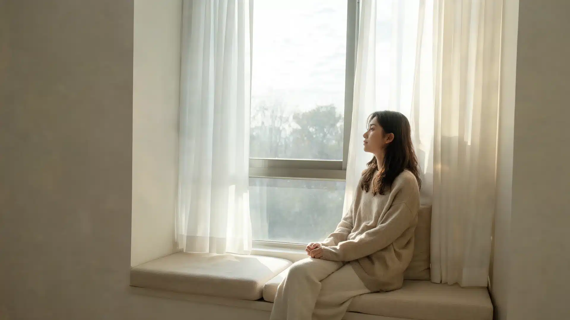 woman sitting quietly by a window showing how to work on yourself with calm screen free reflection