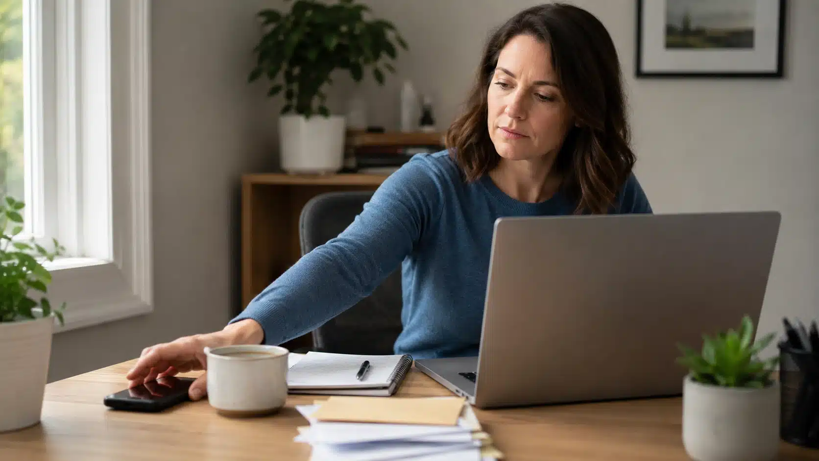 woman starting an avoided task at a desk with laptop phone notebook and papers