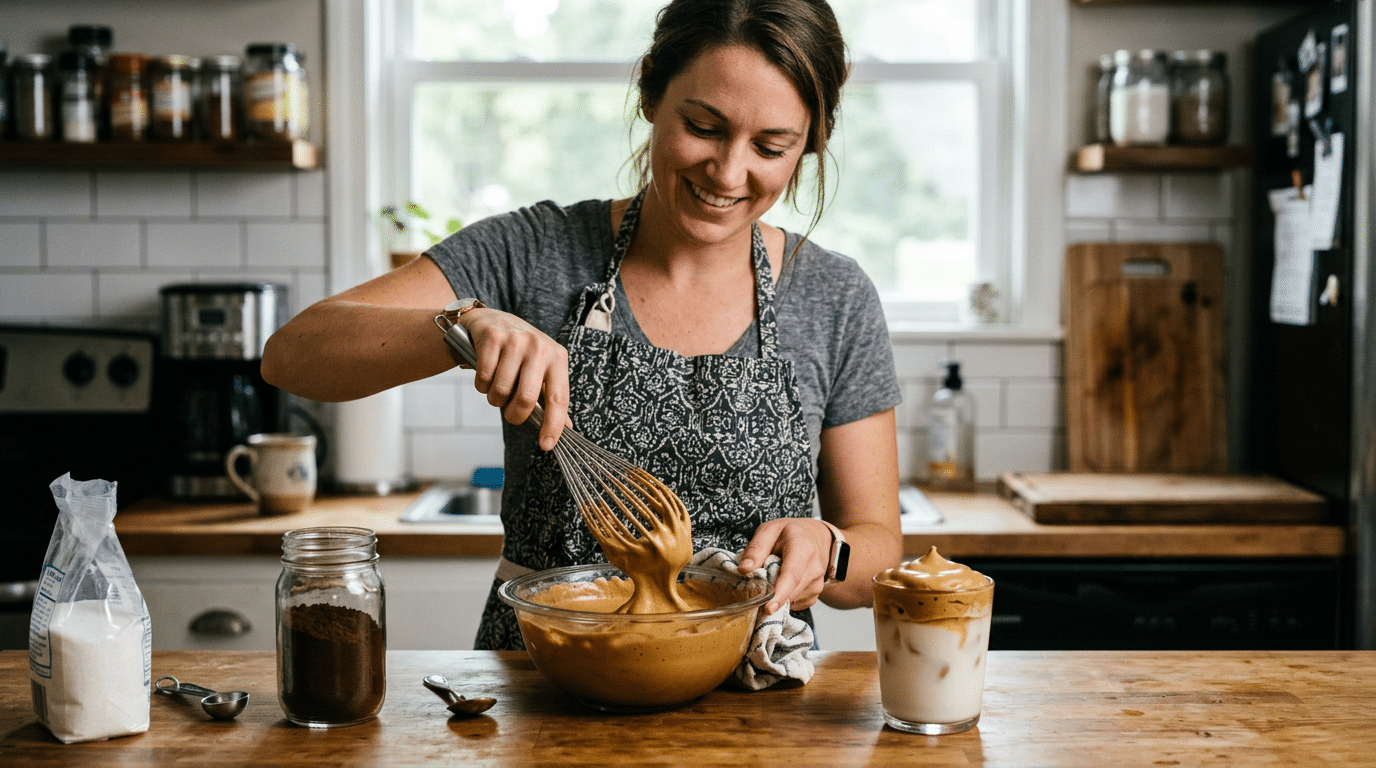 woman whisking whipped coffee in a kitchen beside ingredients with a glass of iced coffee ready on the wooden counter