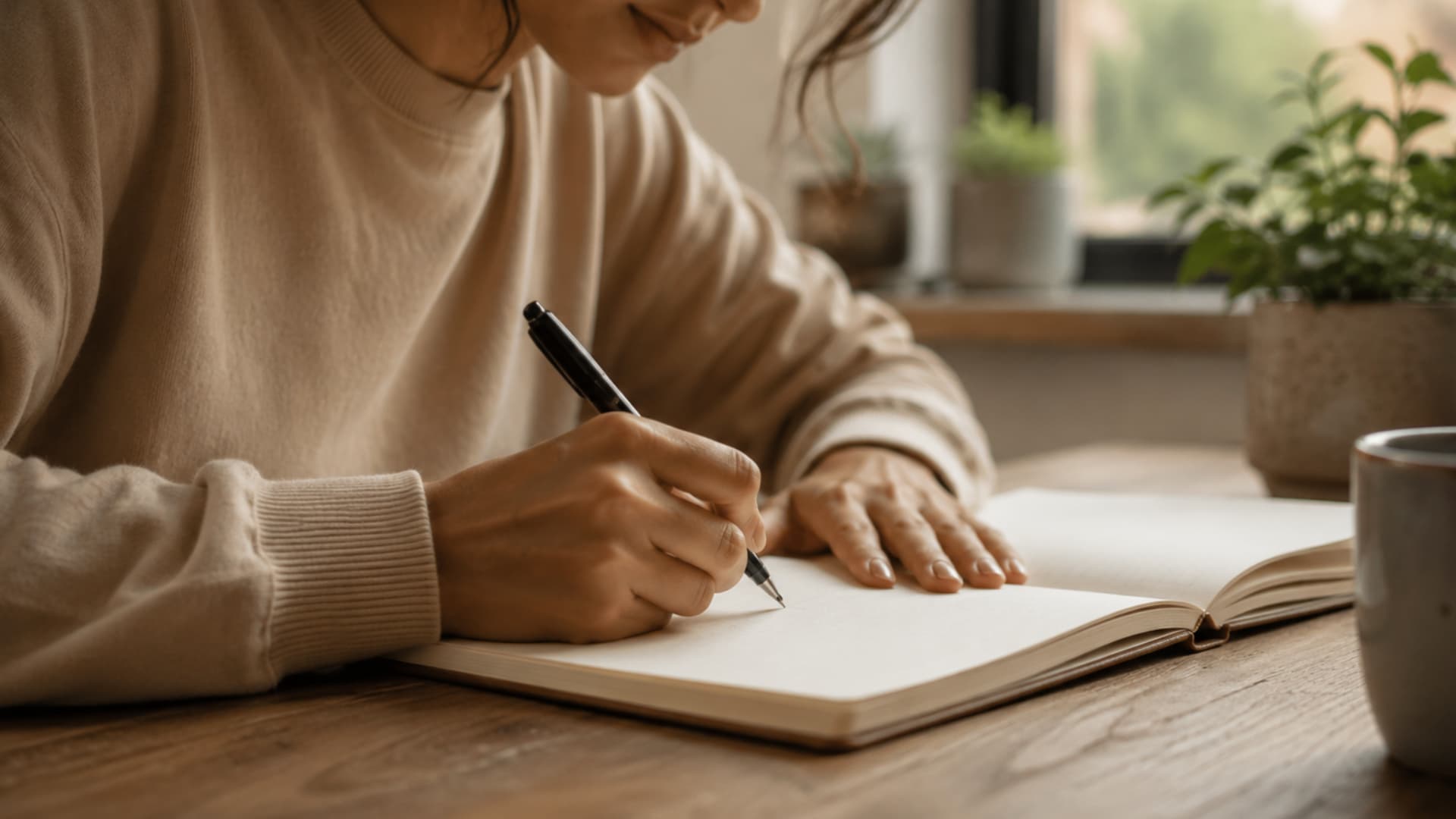 woman writing in notebook at wooden desk with soft natural light and indoor plants for calm study mood