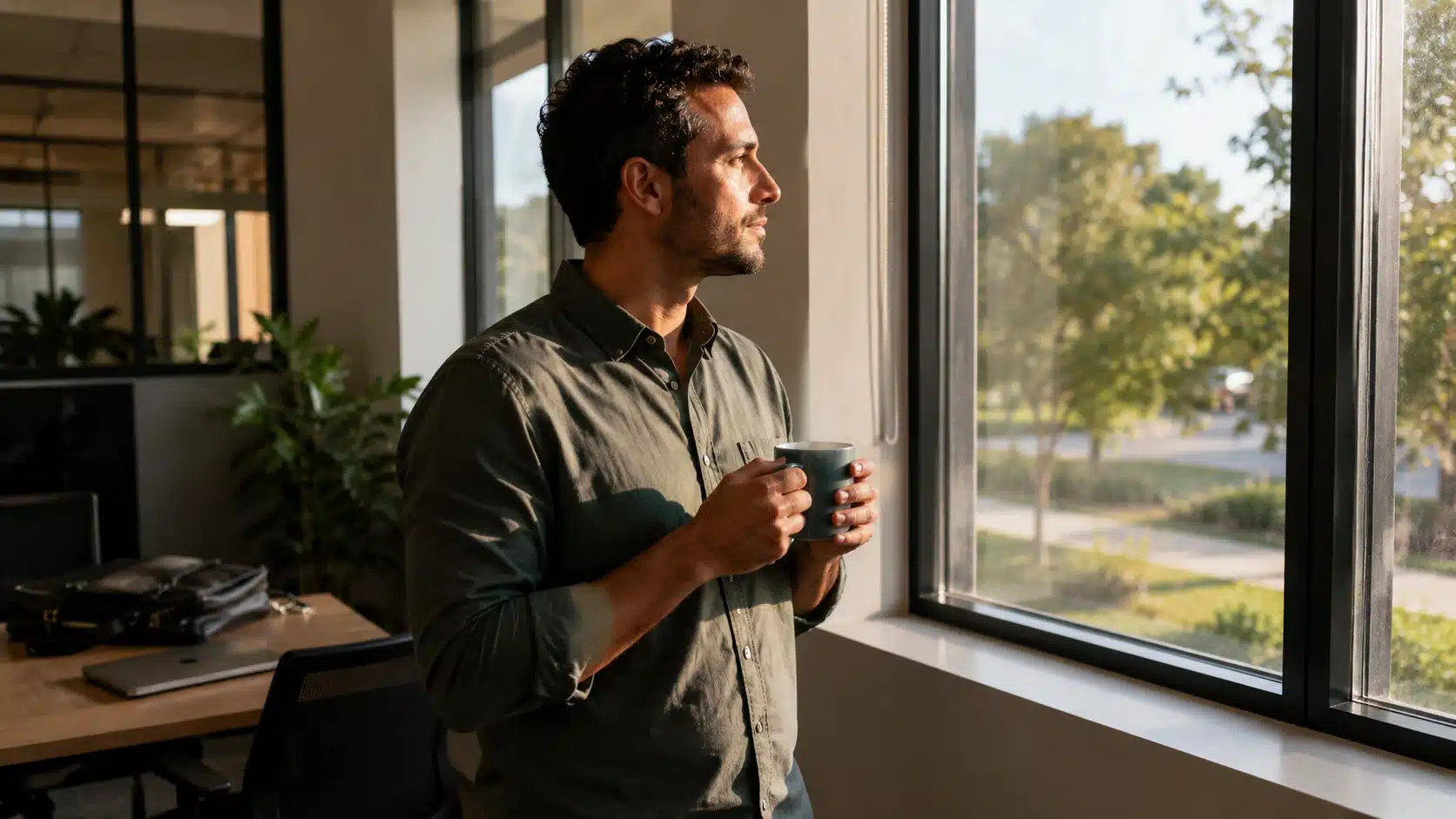 worker pausing by an office window with a mug during a quiet gratitude check-in at work
