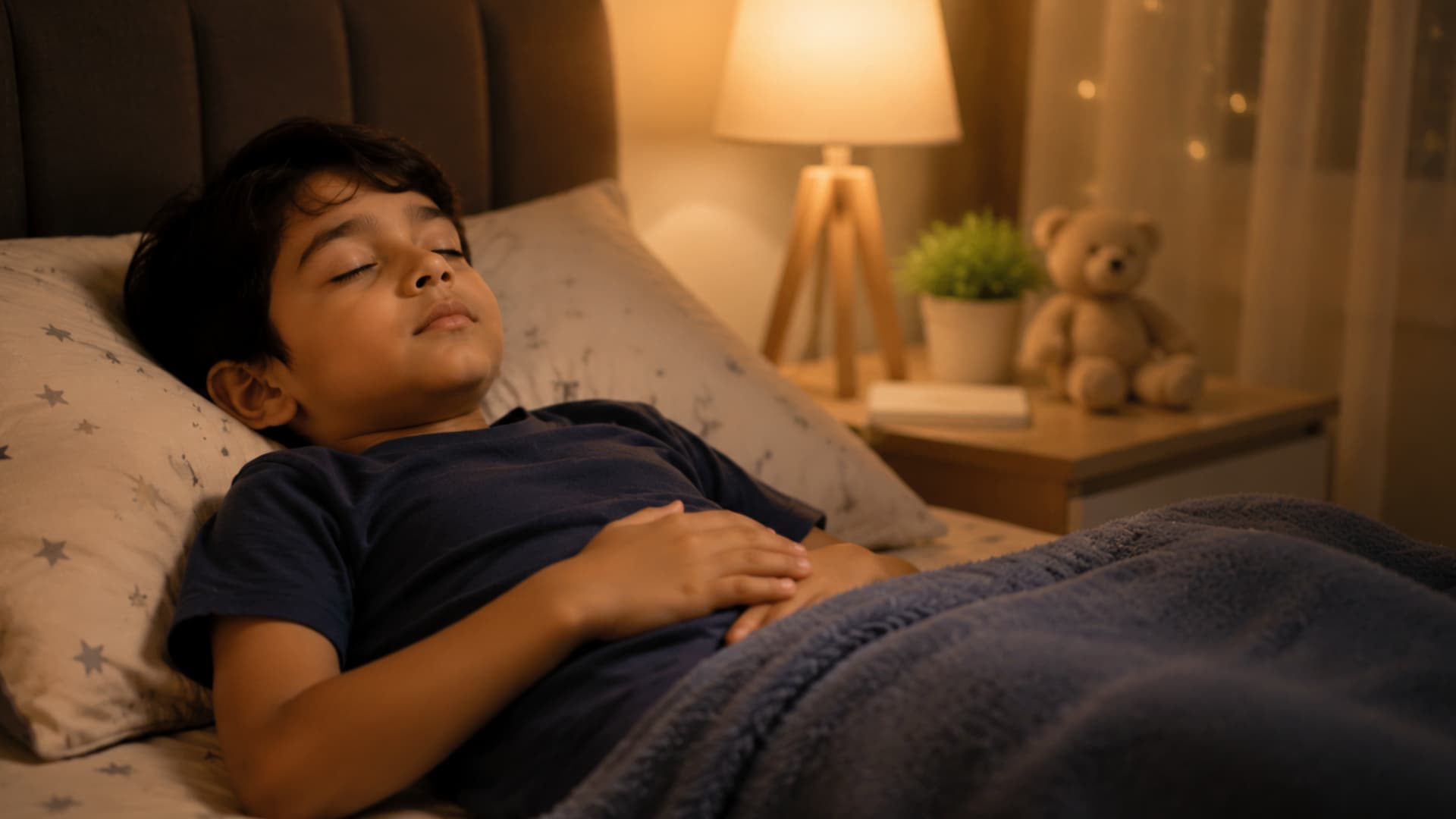 young child is shown sleeping peacefully on a bed in a softly lit bedroom at night