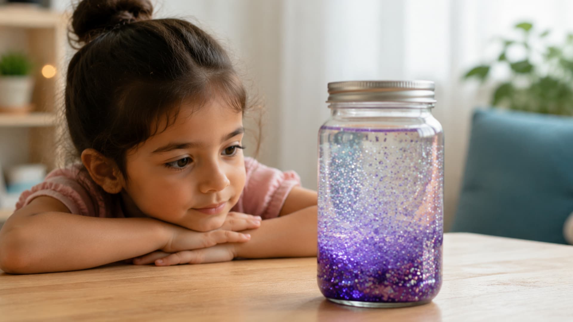 young child resting her chin on folded arms while looking at a glass jar filled with swirling purple glitter liquid