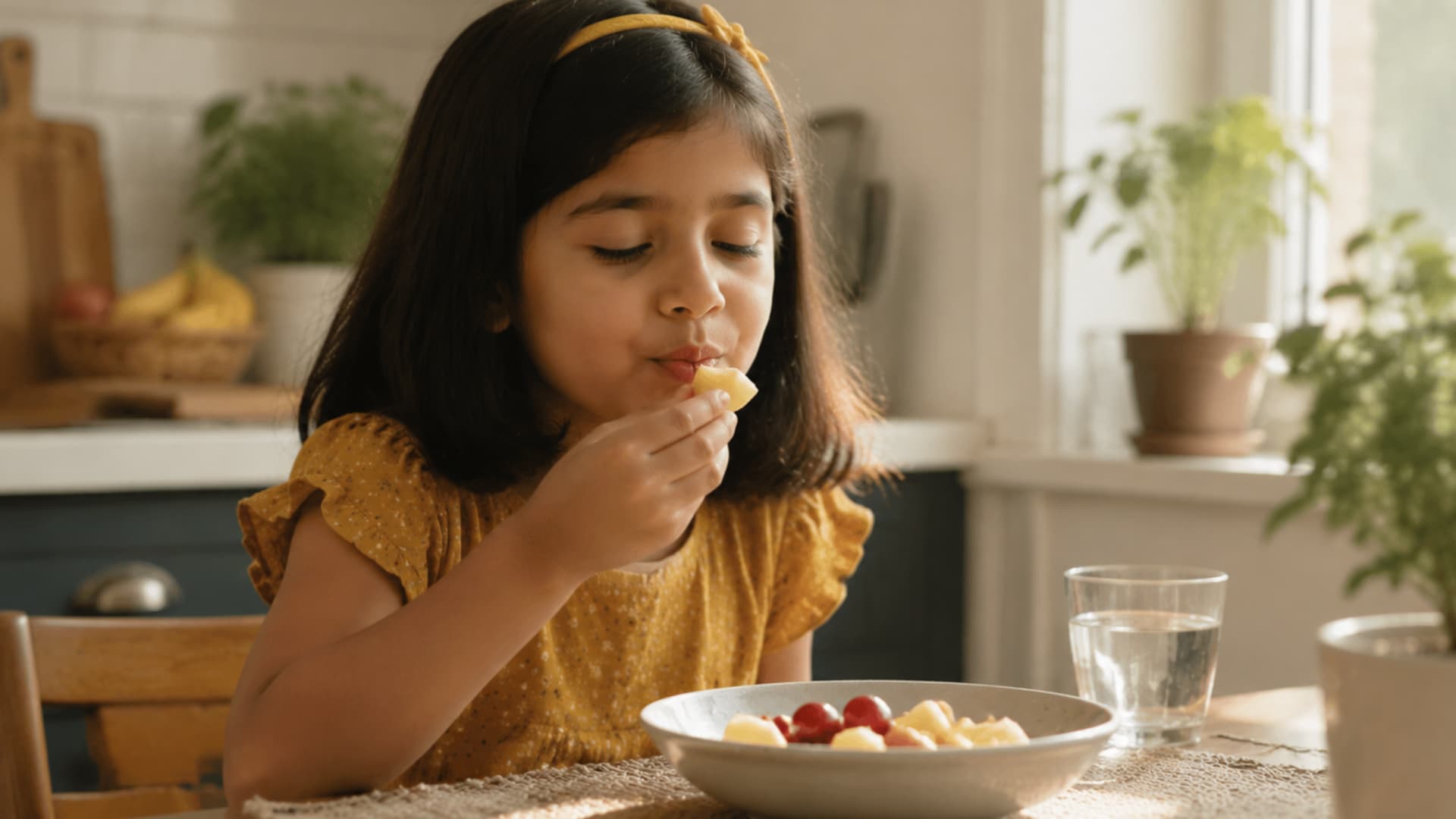 young child sits at a dining table in a warm, softly lit home environment, calmly practicing mindful eating