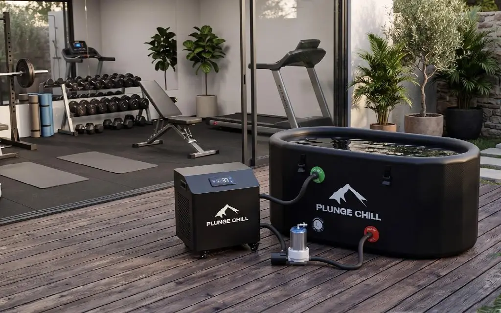 Outdoor plunge pool setup next to home gym with exercise equipment and plants