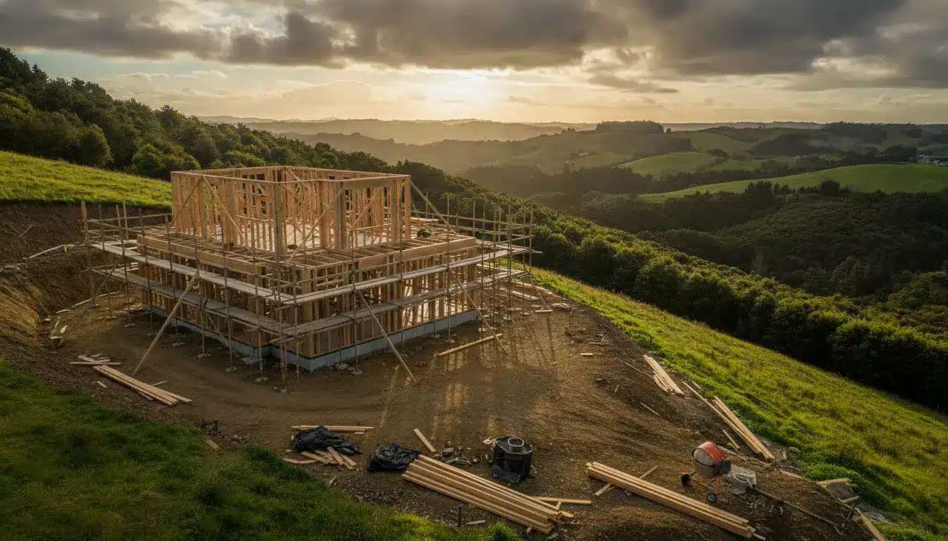 Wooden house framework under construction on hillside at sunset with scenic landscape views
