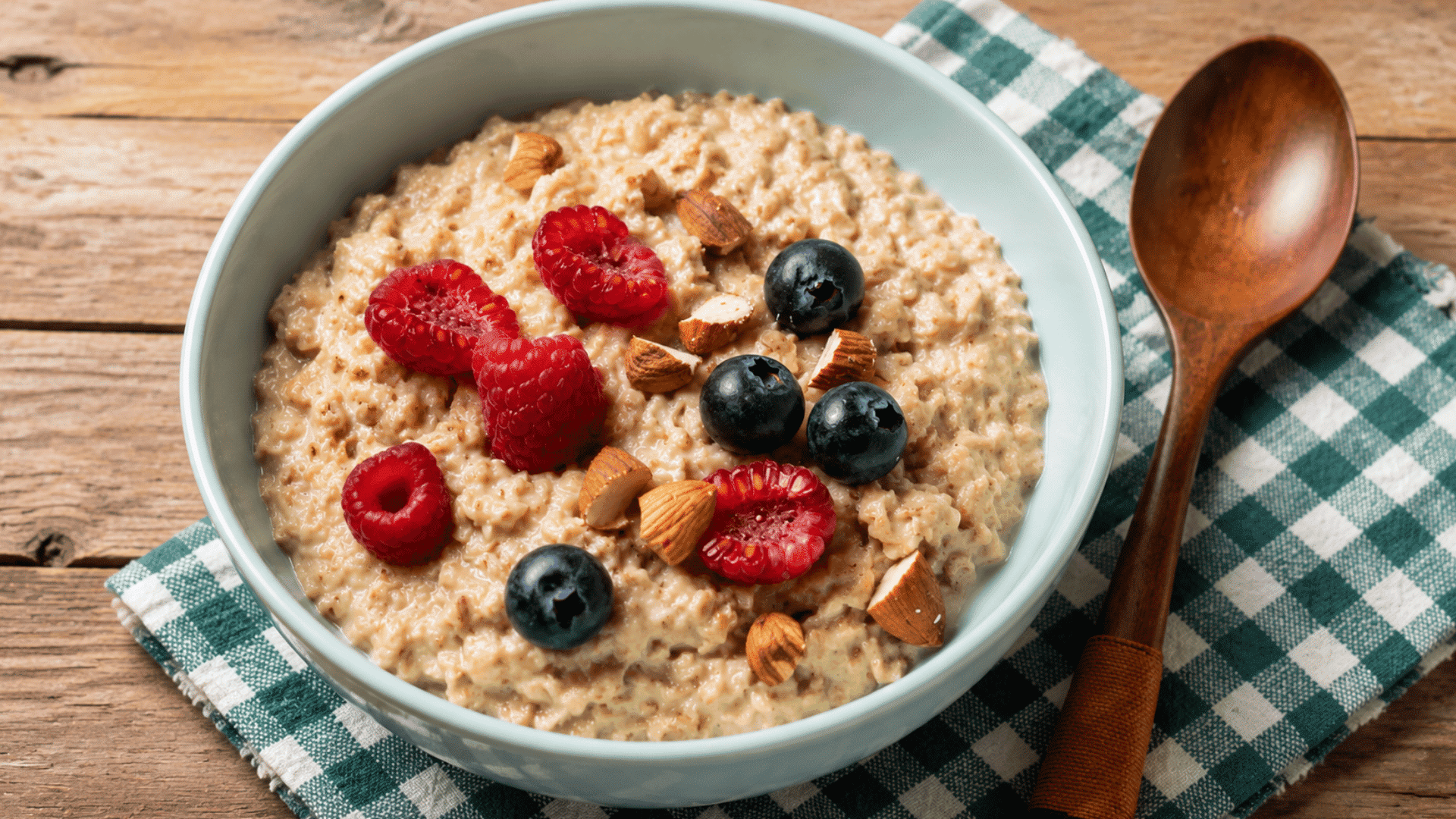 a bowl of creamy oatmeal topped with fresh raspberries blueberries and chopped almonds beside a wooden spoon on a rustic table