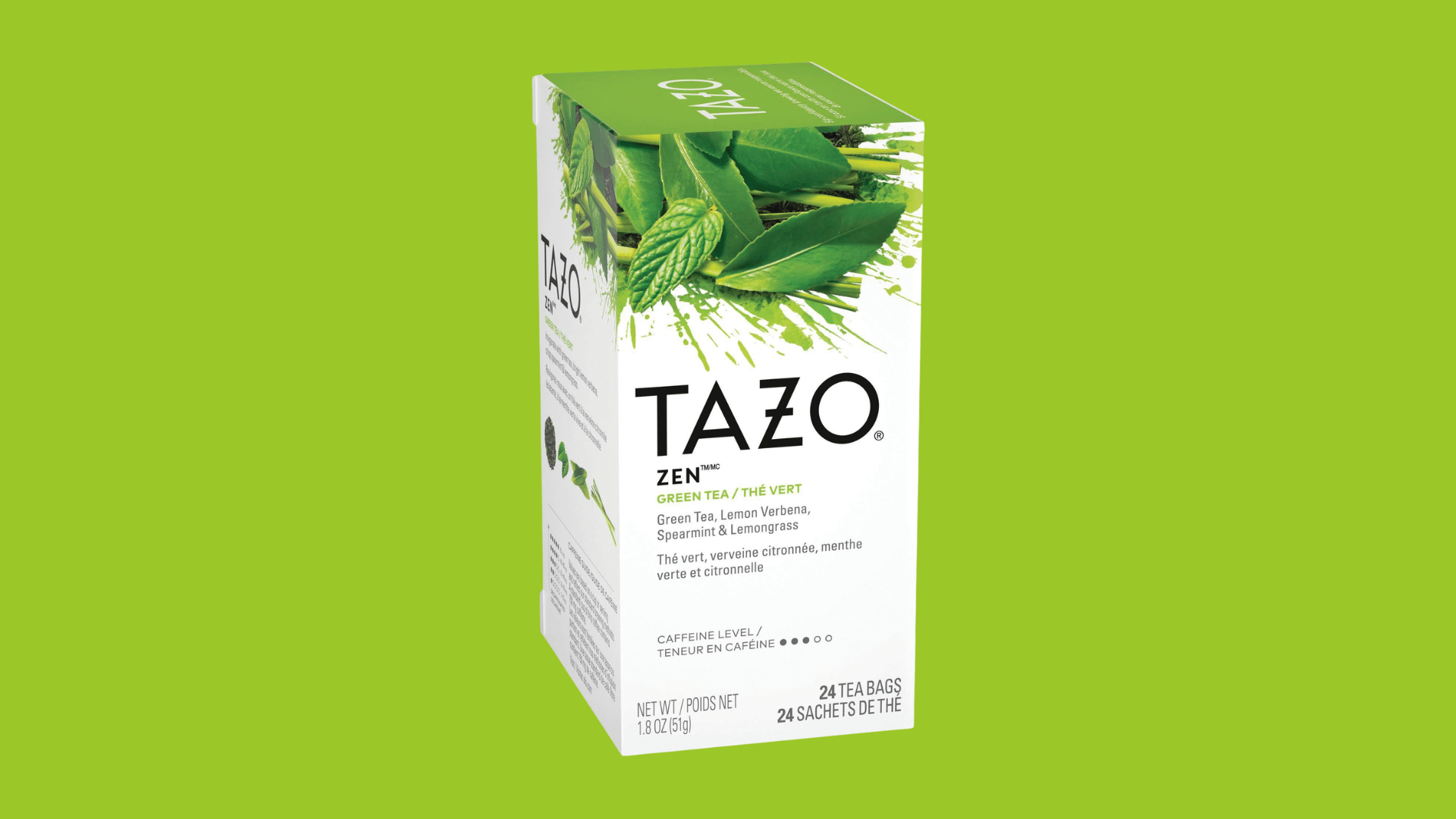a box of tazo zen green tea showing the branded flavored green tea packaging with herbal blend