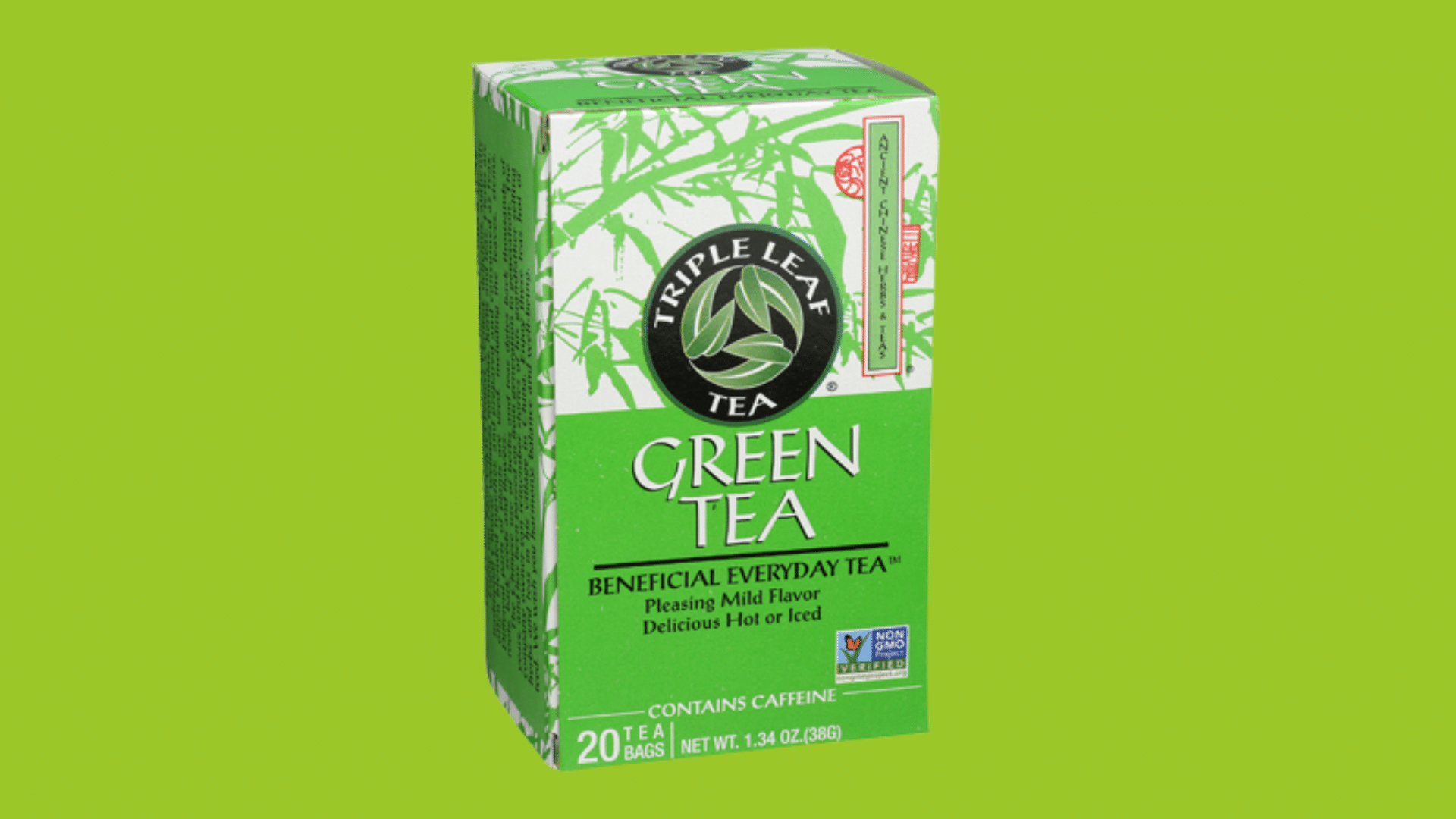 a box of triple leaf green tea showing the branded green tea box packaging with classic design