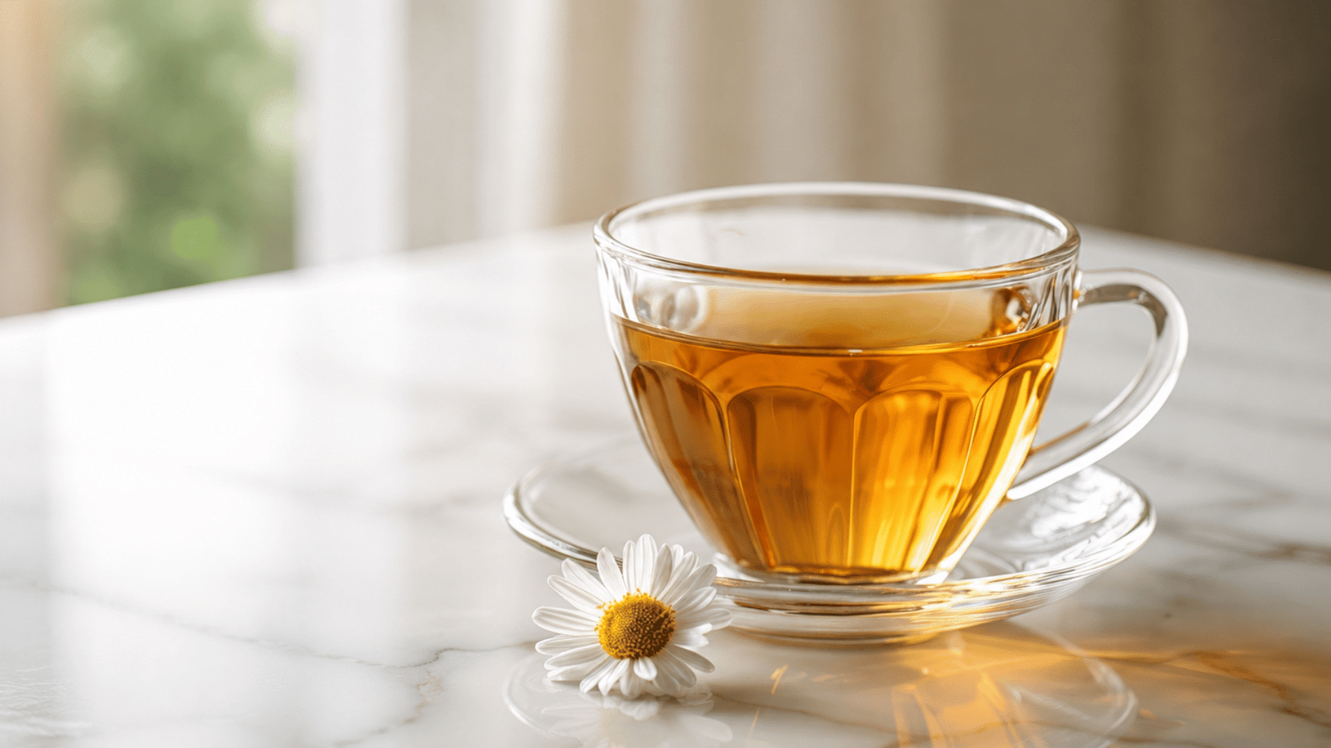 a clear glass cup of chamomile tea on a glass saucer with a chamomile flower beside it on a sunlit marble table