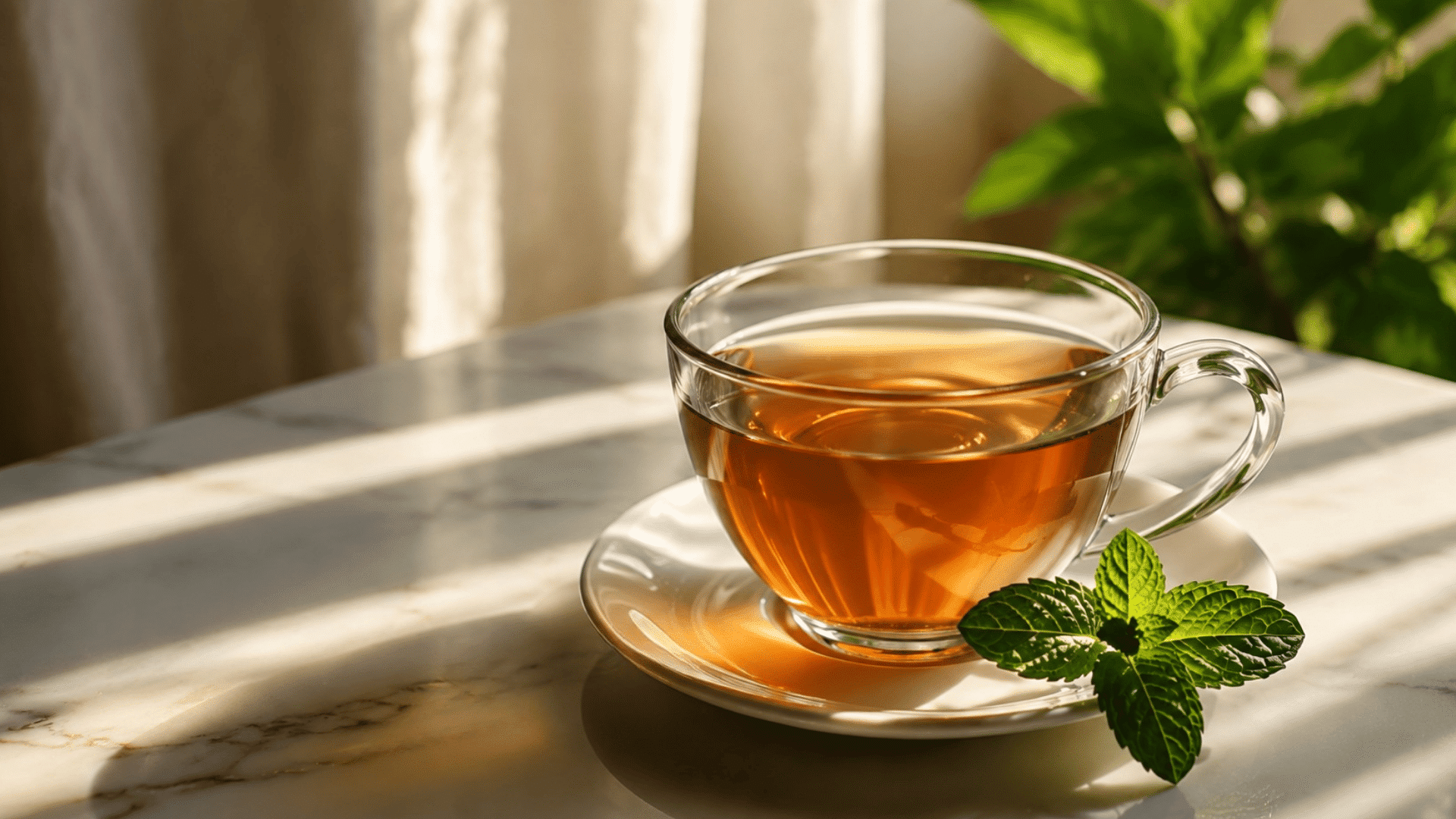 a clear glass cup of oolong tea on a white saucer with fresh mint leaves beside it in warm natural sunlight on a marble surface