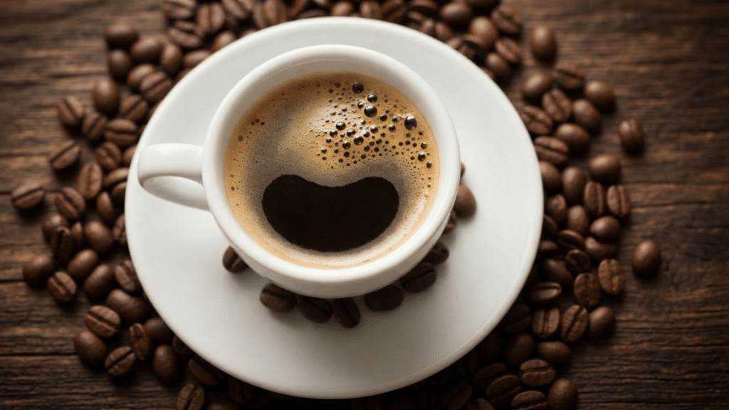 a cup of black coffee on a white saucer surrounded by coffee beans on a rustic wooden table from above.