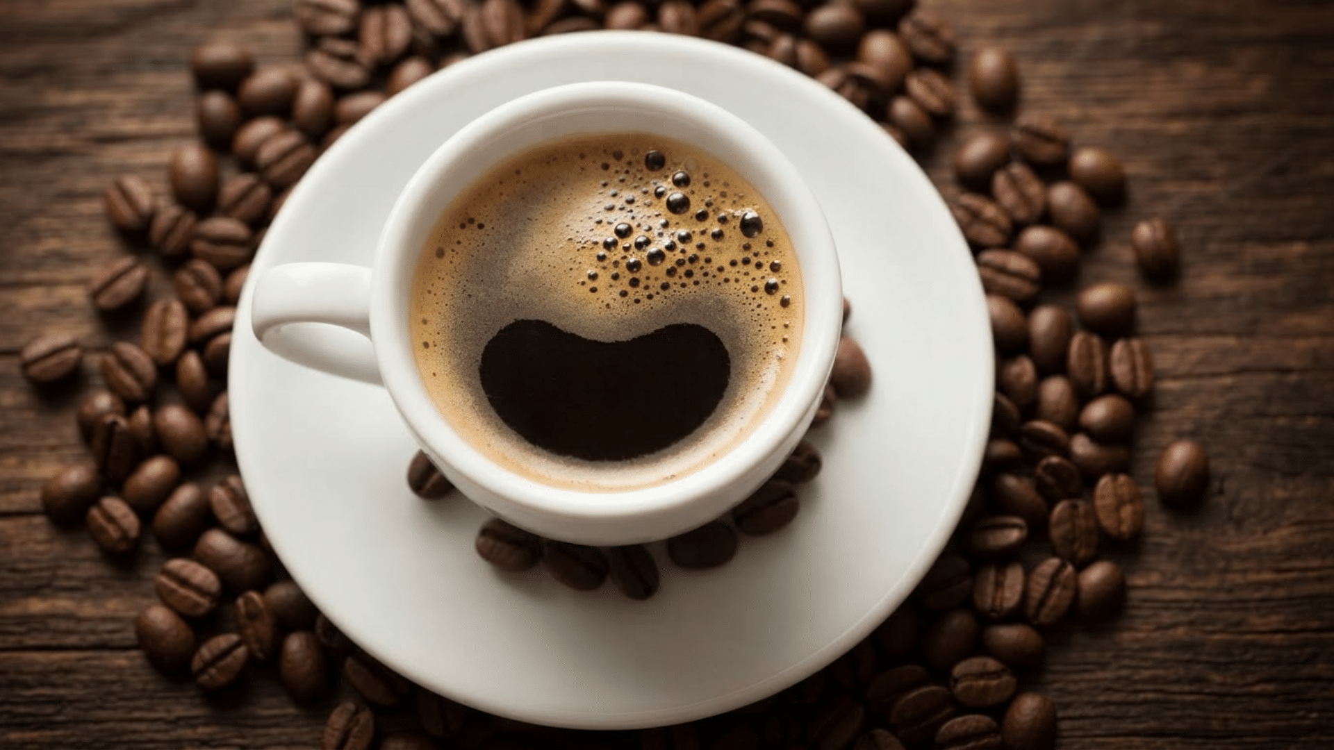 a cup of black coffee on a white saucer surrounded by coffee beans on a rustic wooden table from above.