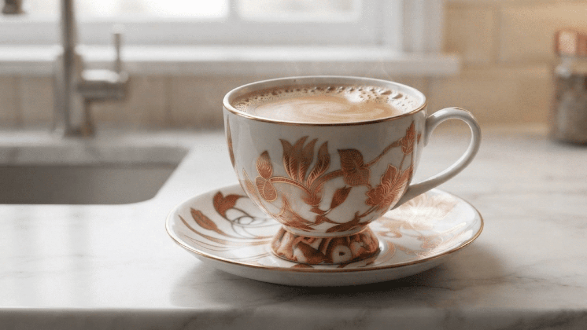 a floral cup of coffee on a saucer placed on a kitchen counter with soft sunlight in the background