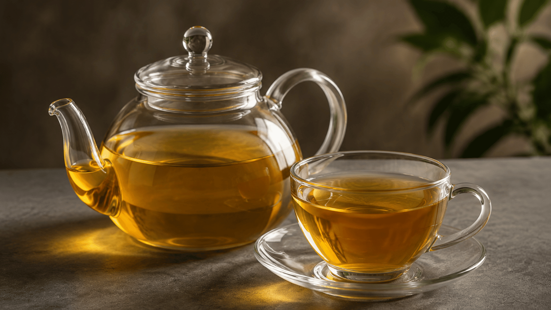 a glass teapot and matching cup filled with golden dandelion tea on a tabletop creating a warm and calming herbal tea serving scene