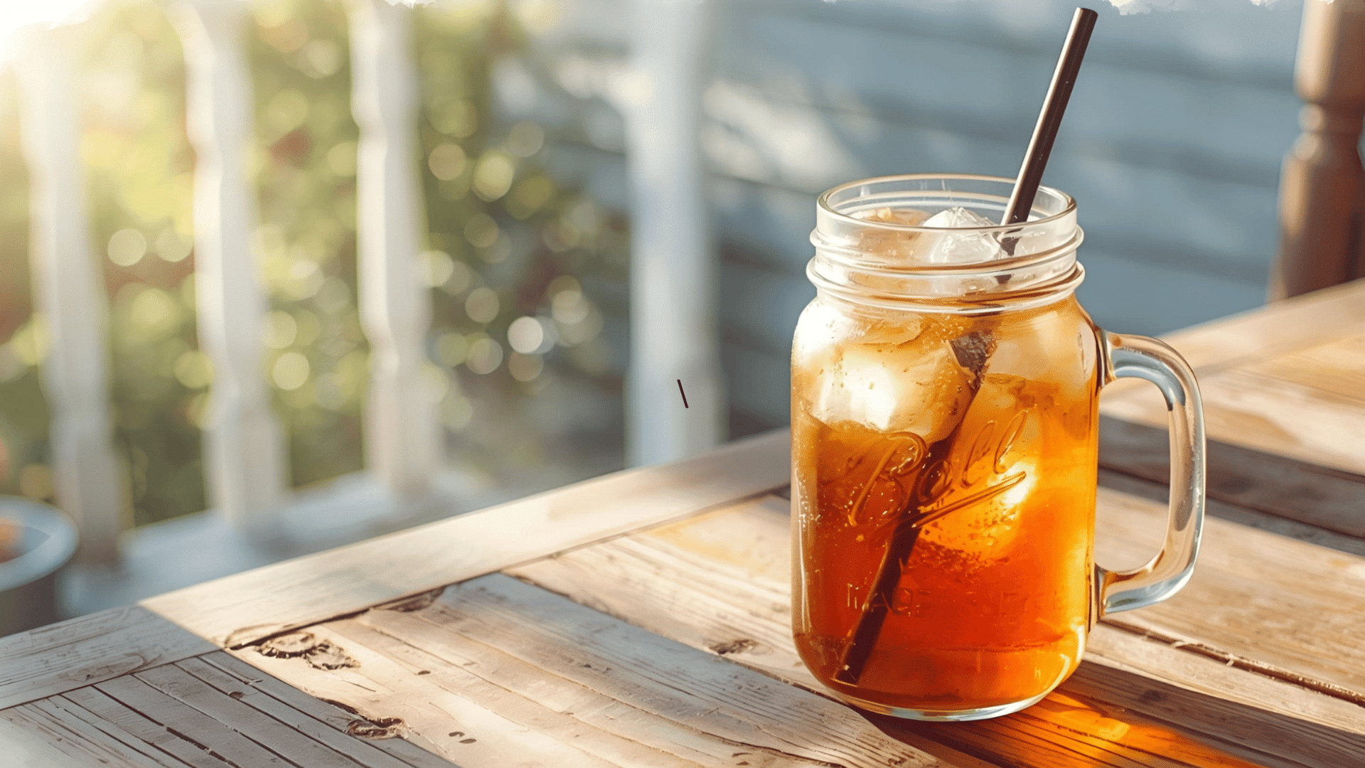 A mason jar of sweetened iced tea with ice and a straw sits on a sunlit wooden table.