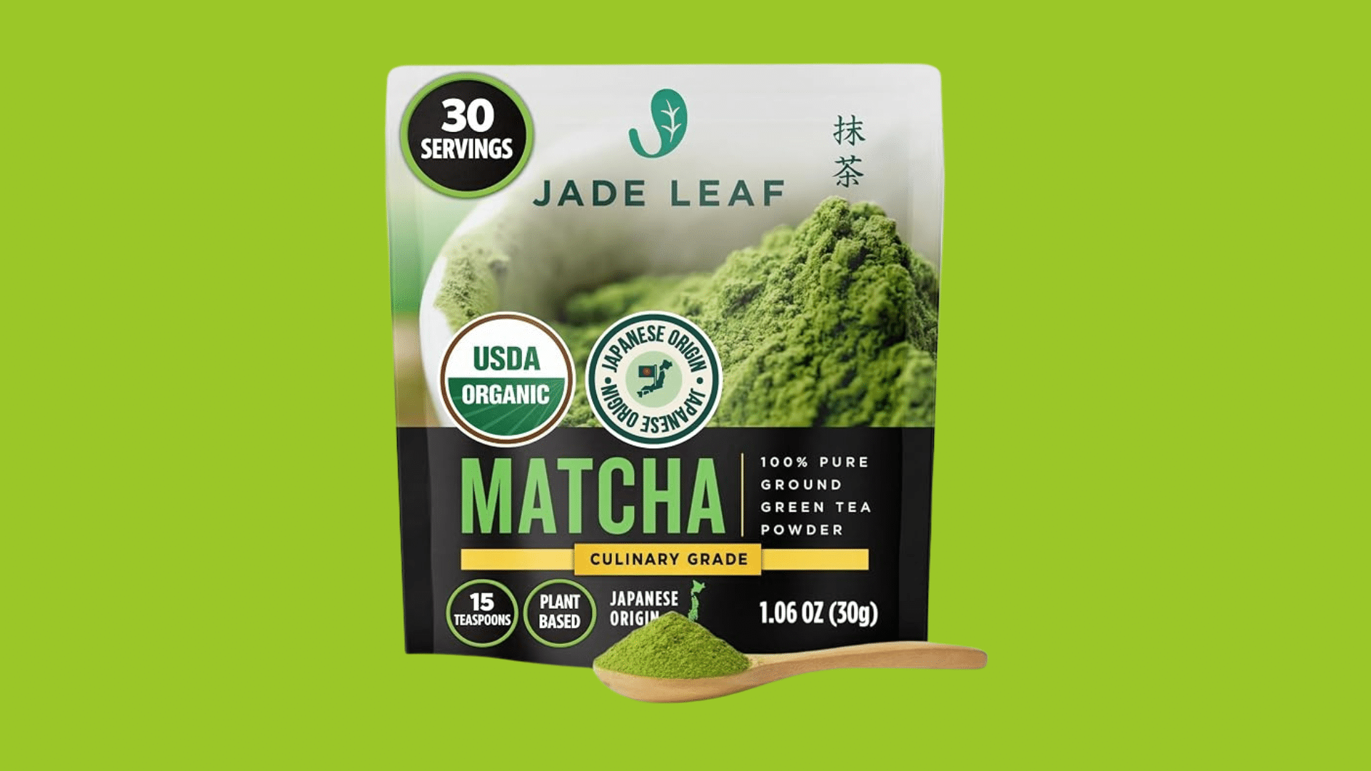 a pouch of jade leaf organic ceremonial matcha showing the branded matcha packaging for premium preparation
