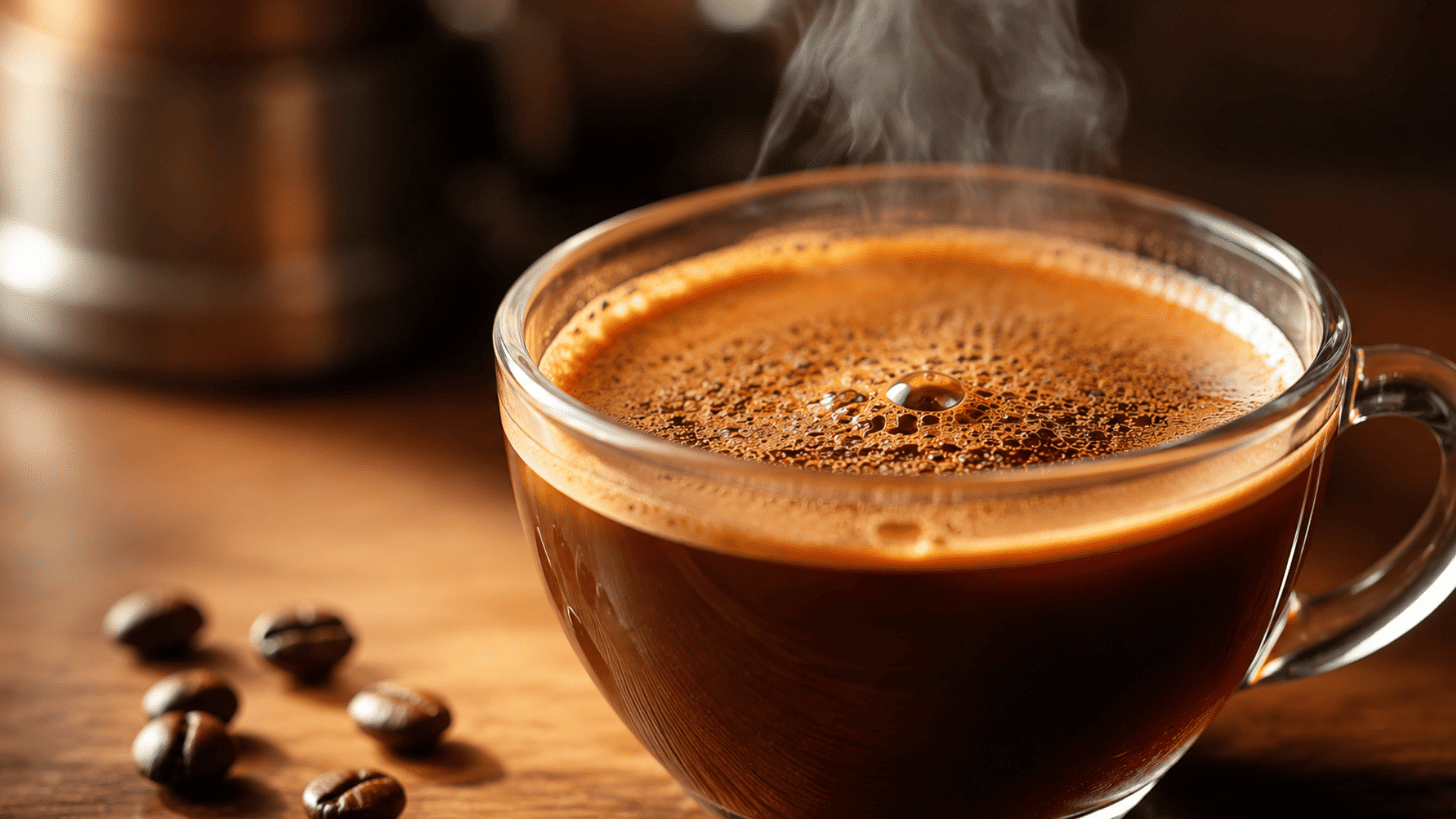 a steaming cup of freshly brewed black coffee in a clear glass mug with roasted coffee beans on a rustic wooden table
